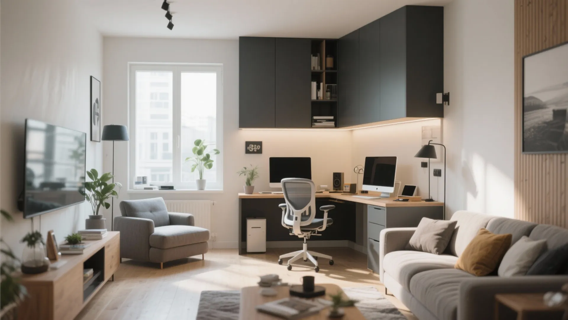 Modern home office with corner desk, grey sofa, black wall cabinets, and large white window