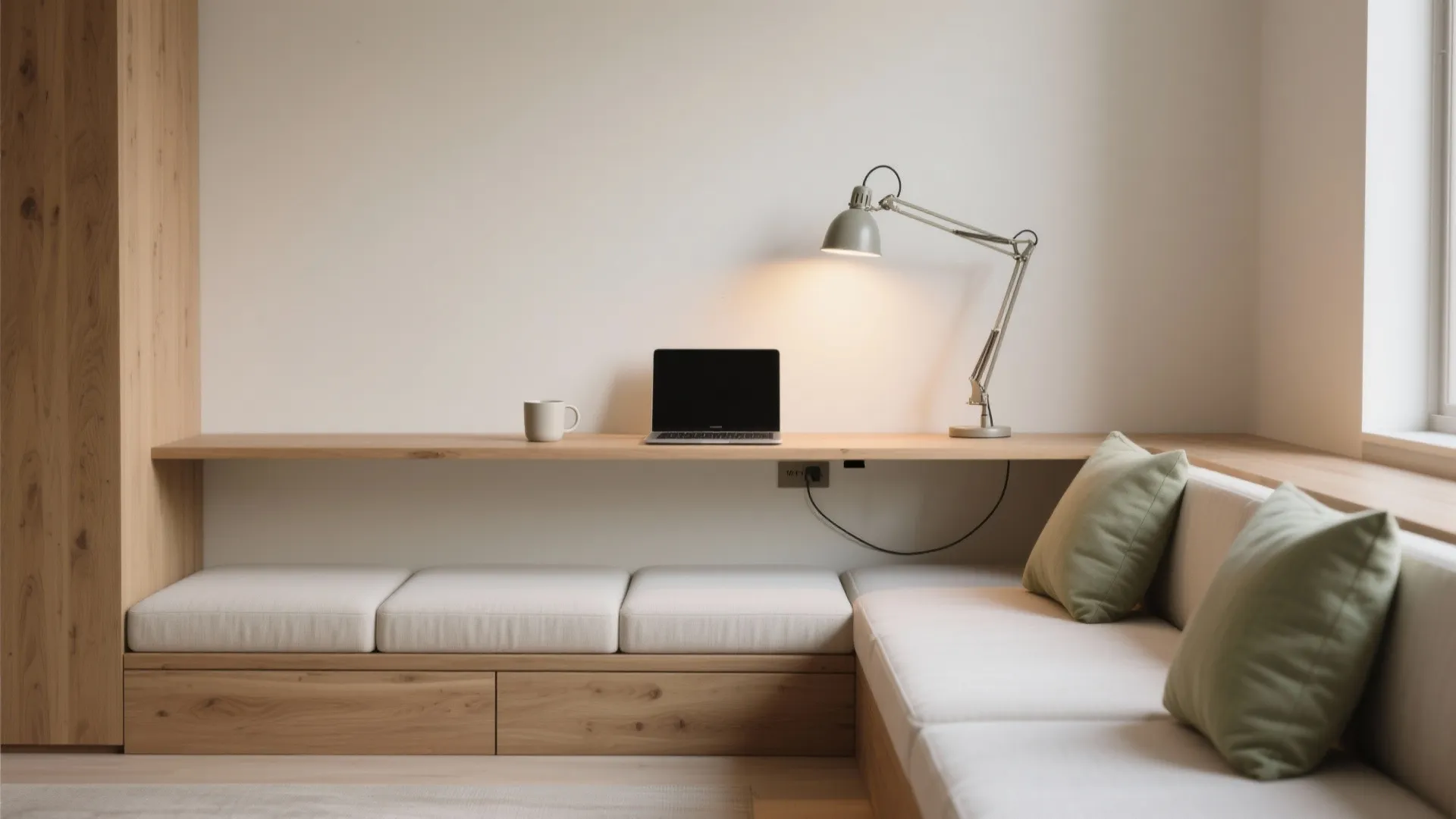 Wooden desk with laptop and lamp set above a white sofa with two green pillows