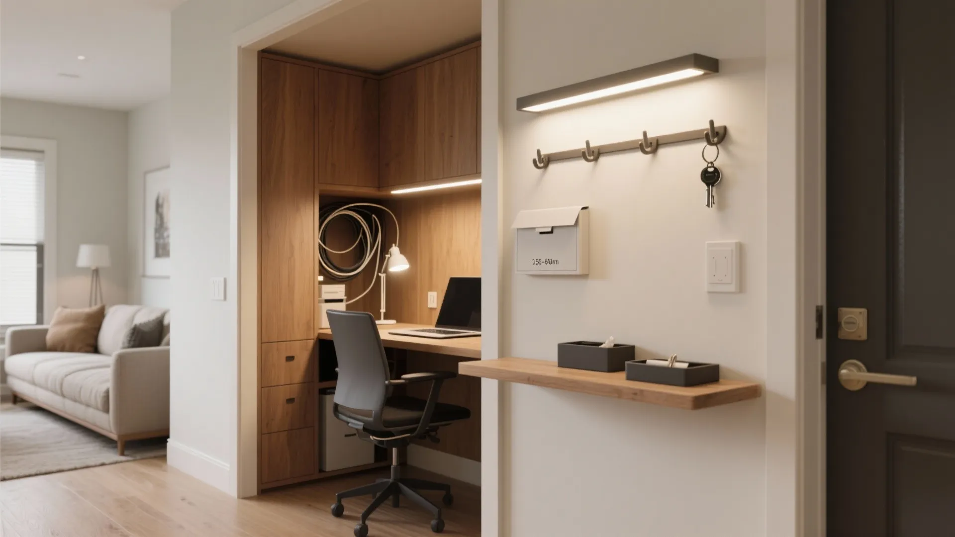 Interior design drawing showing small office nook with wooden desk next to apartment entry area