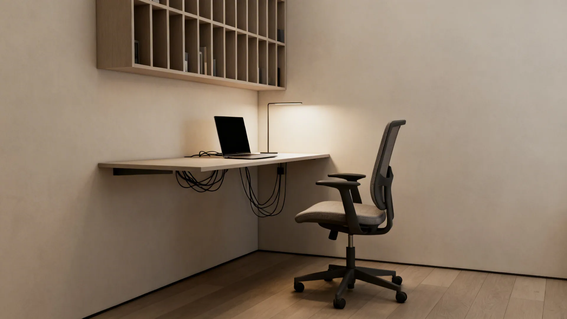 Compact floating desk corner with ergonomic chair and vertical storage in a small drawing room.