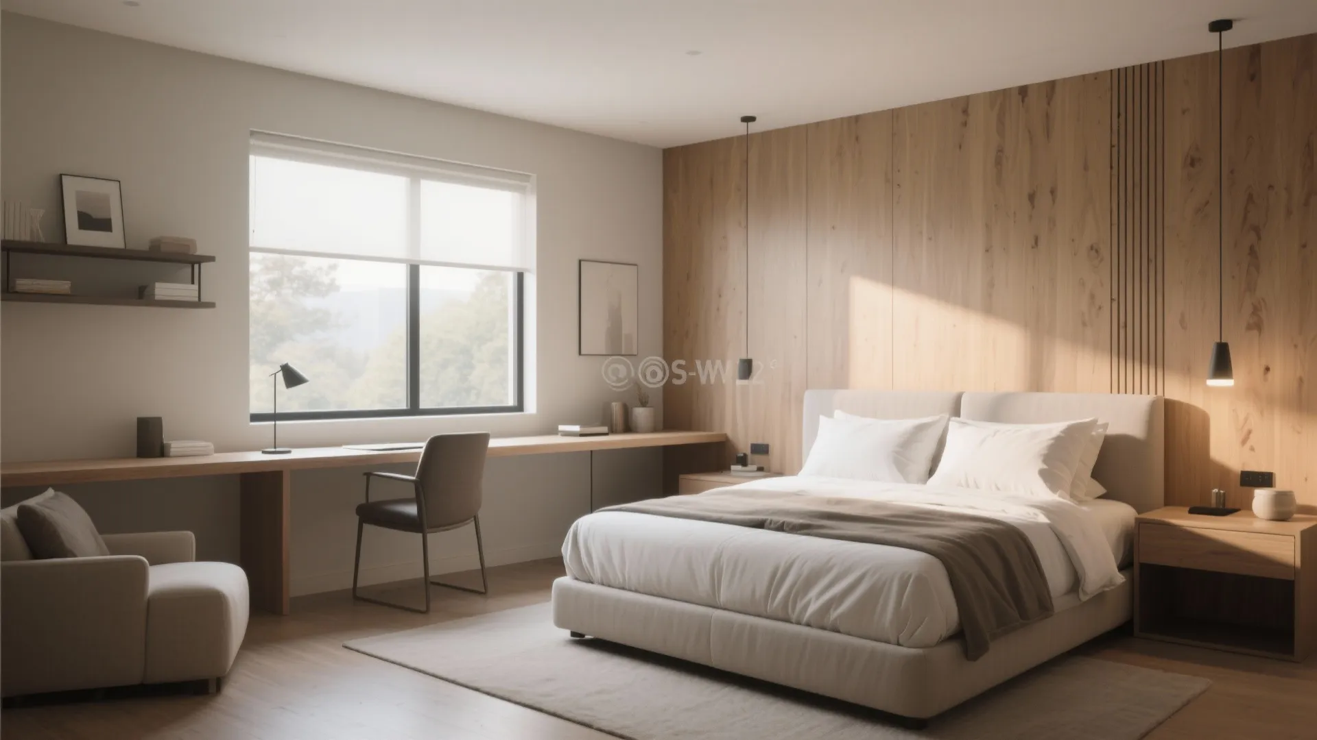 Modern bedroom featuring wooden wall panel and long desk under window with chair and light
