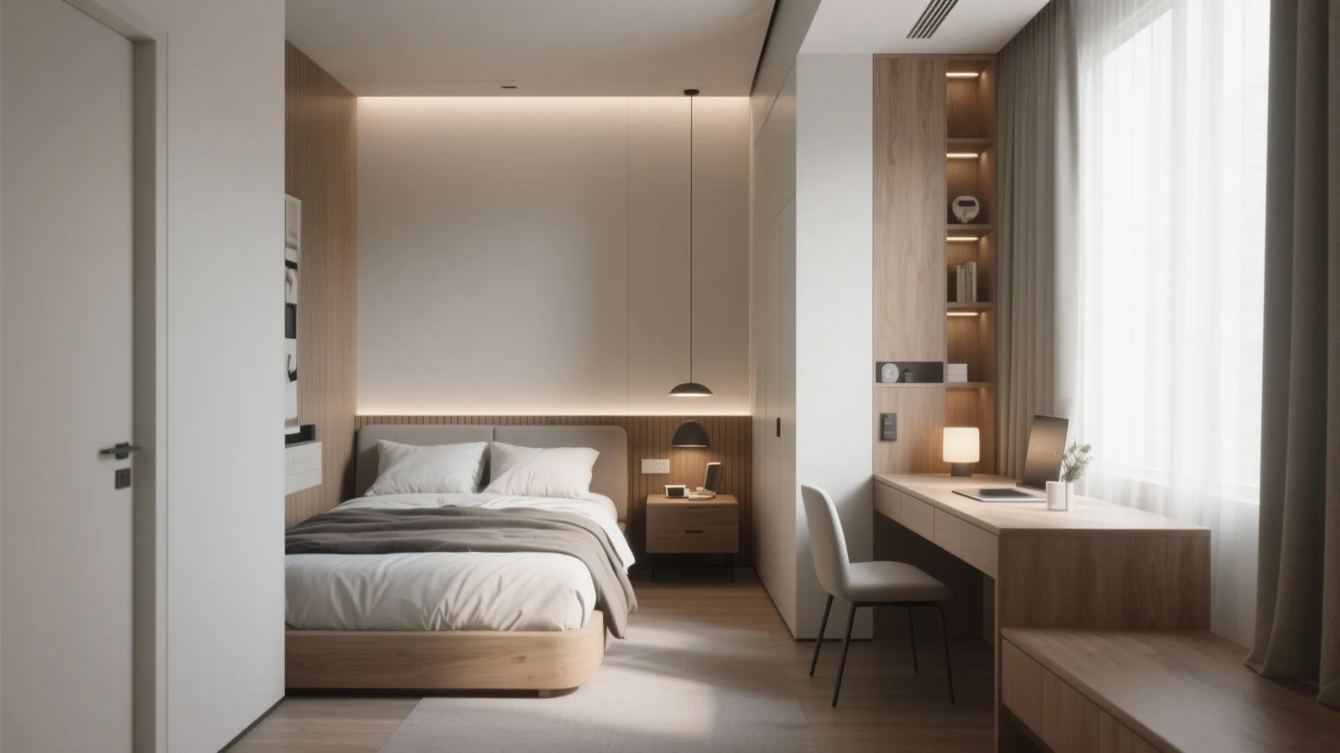 Compact bedroom interior design drawing with bed wooden desk built in shelving and warm lighting