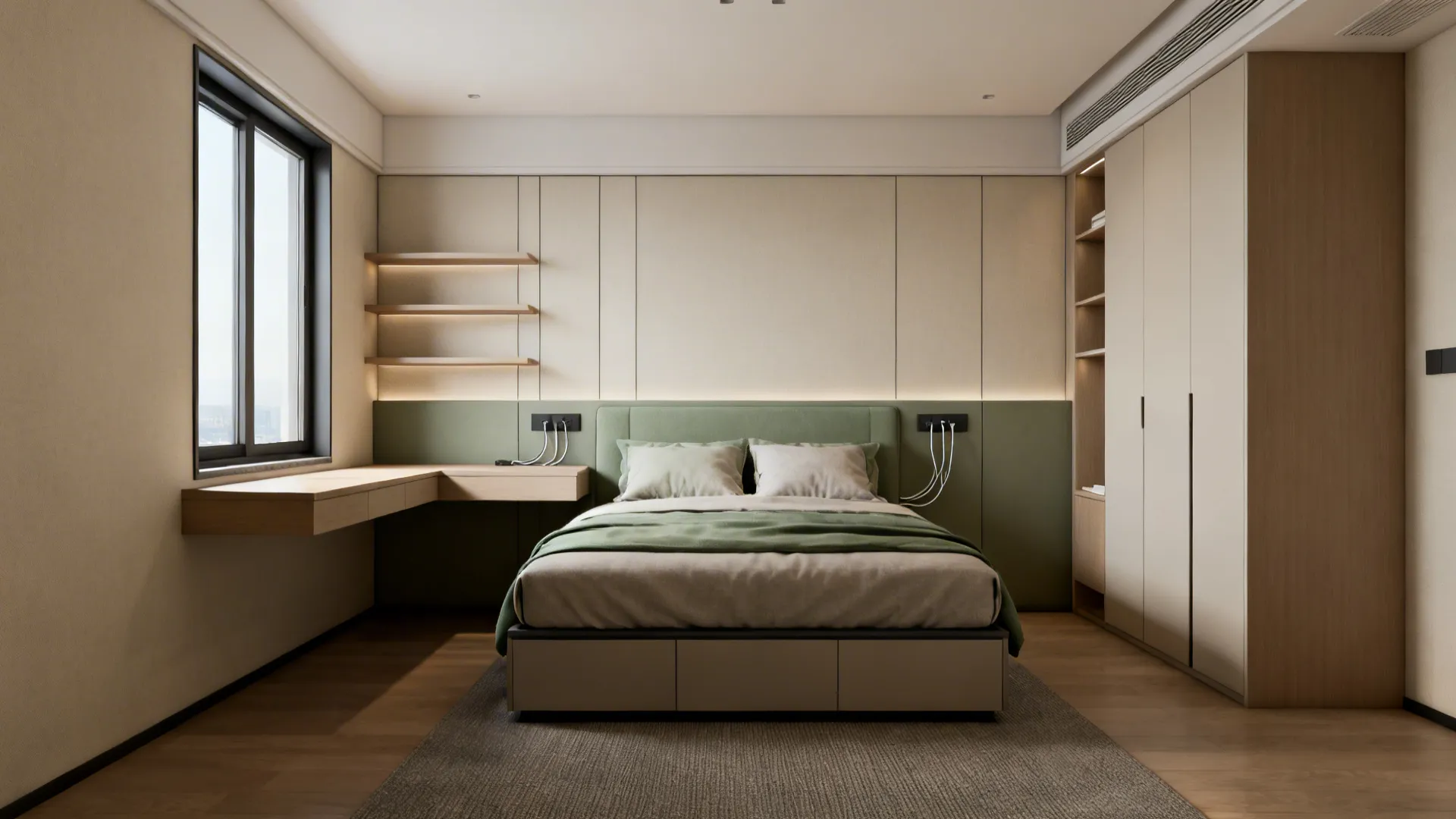 Small bedroom with floating desk, integrated headboard storage, and clean cable routing.