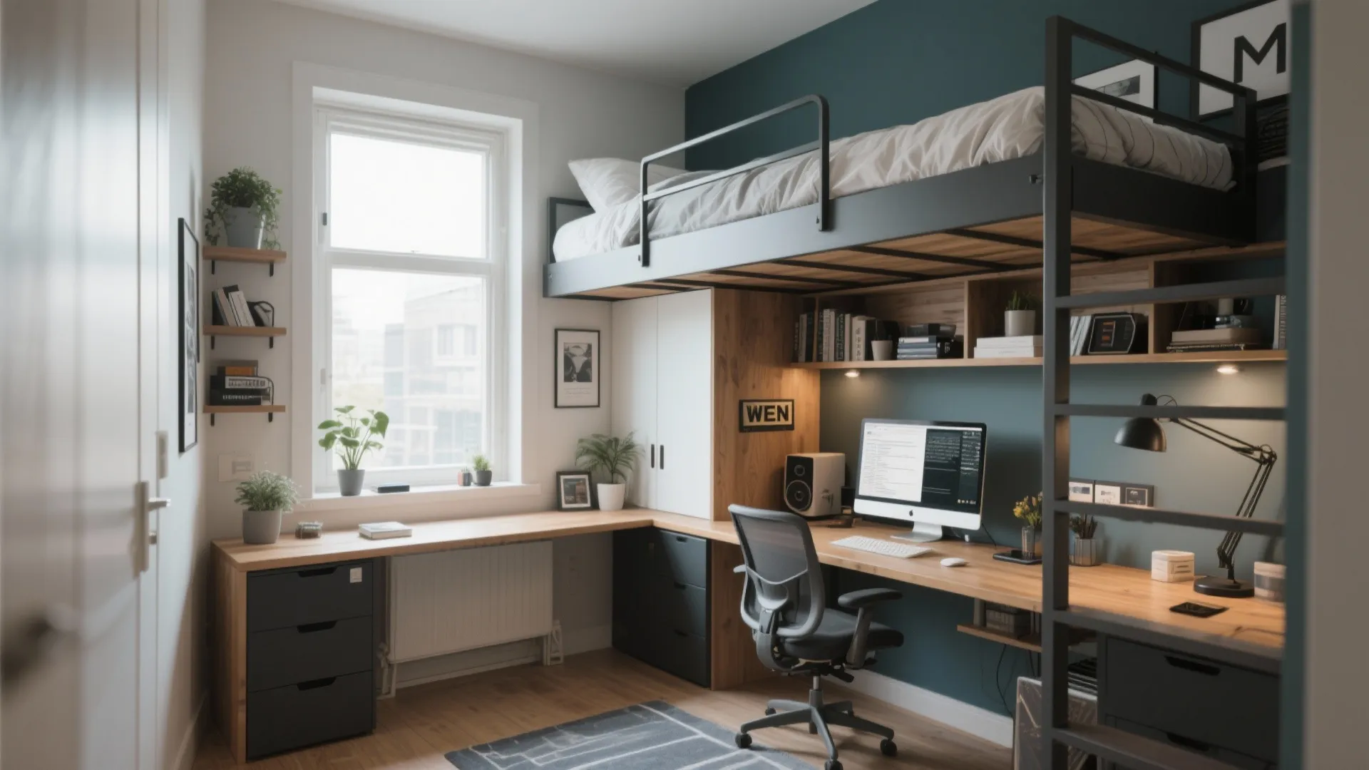 Modern loft bed with integrated wooden desk workspace below including computer chair and desk lamp