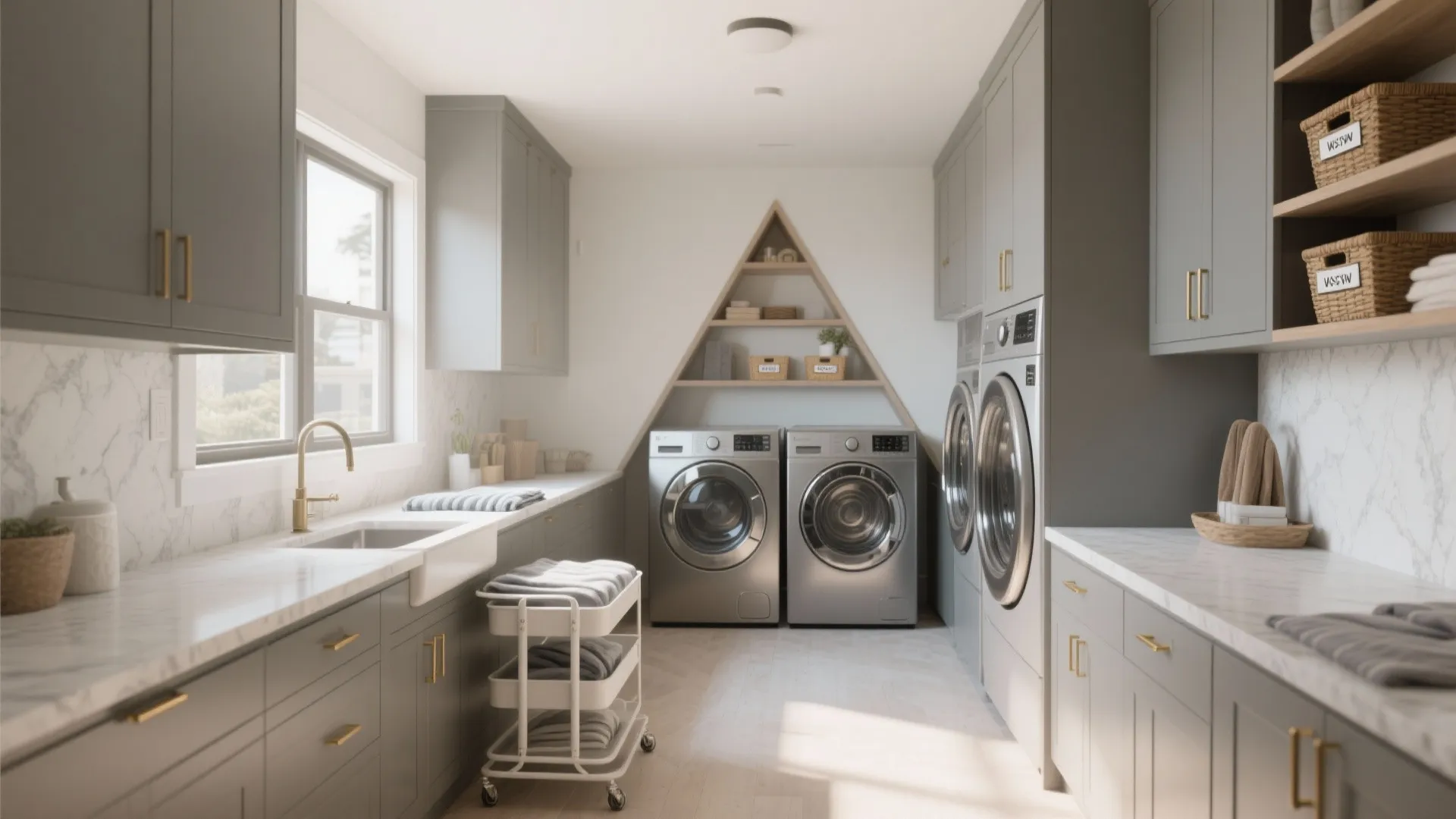 Modern laundry room layout with grey cabinets white marble counters washing machines and golden light fixtures