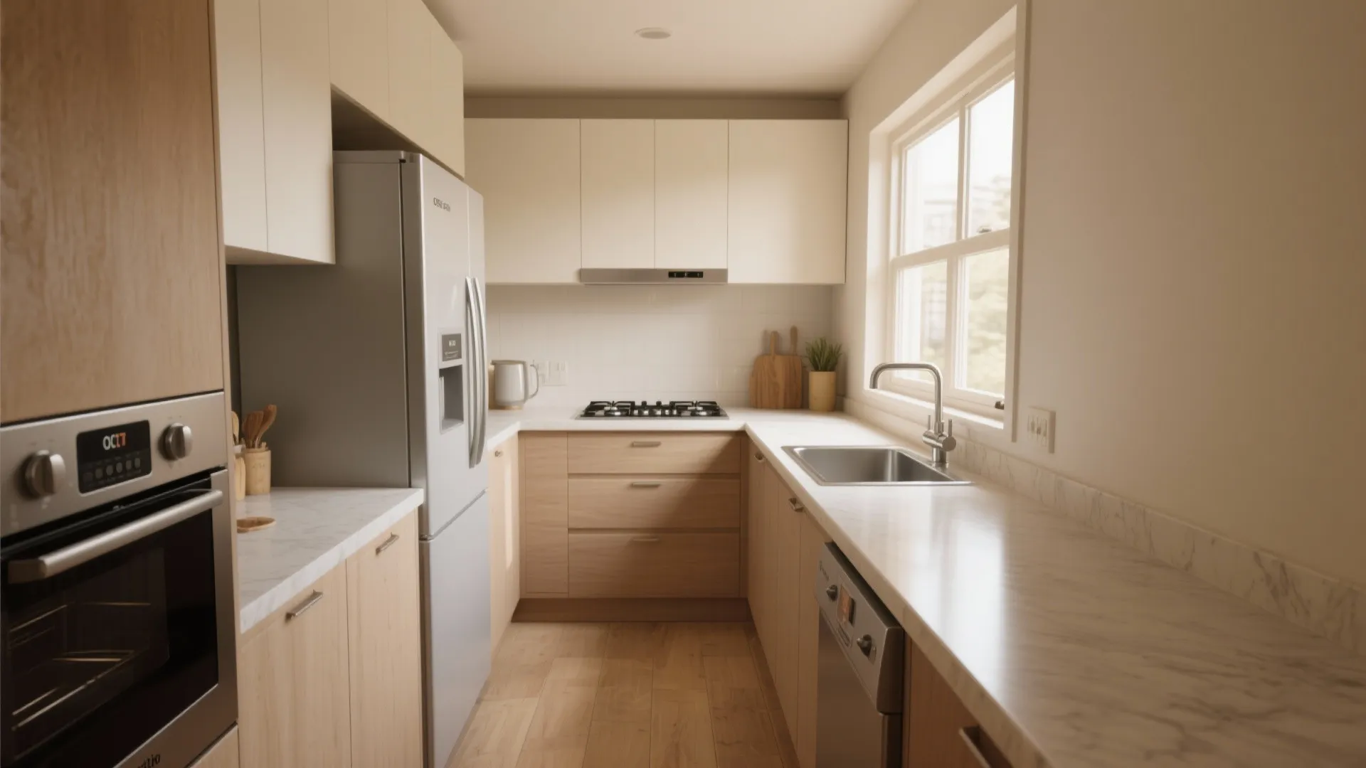 U-shaped kitchen layout with wood cabinets white countertops silver fridge and natural window light source