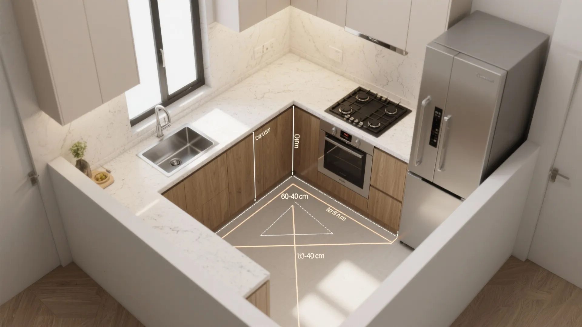 Top view of kitchen room layout showing sink, stove, and fridge with a work triangle