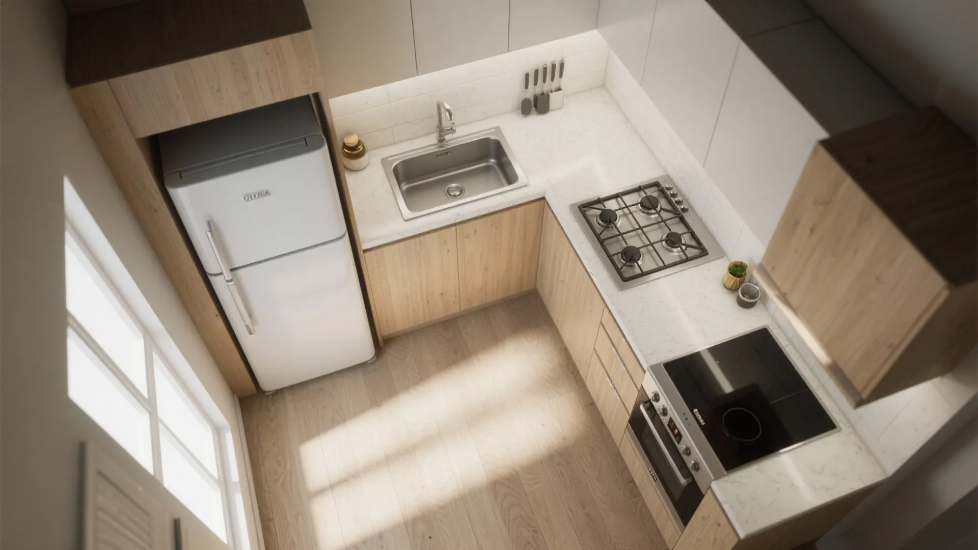 Small kitchen layout with white fridge stainless sink gas stove oven and wood floor top view