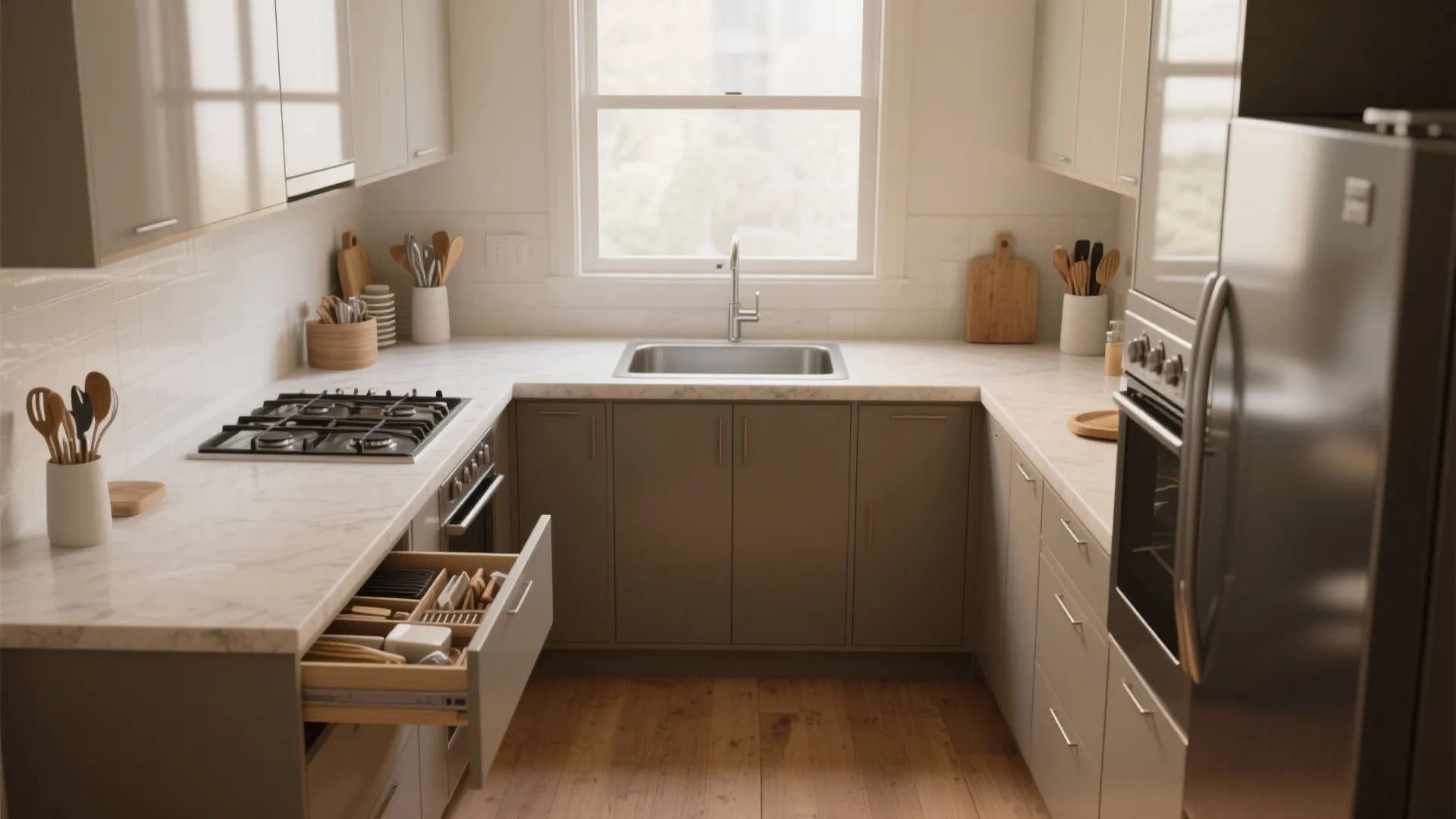 Small U-shaped kitchen with marble countertops stove sink and open drawer showing organized cooking utensils