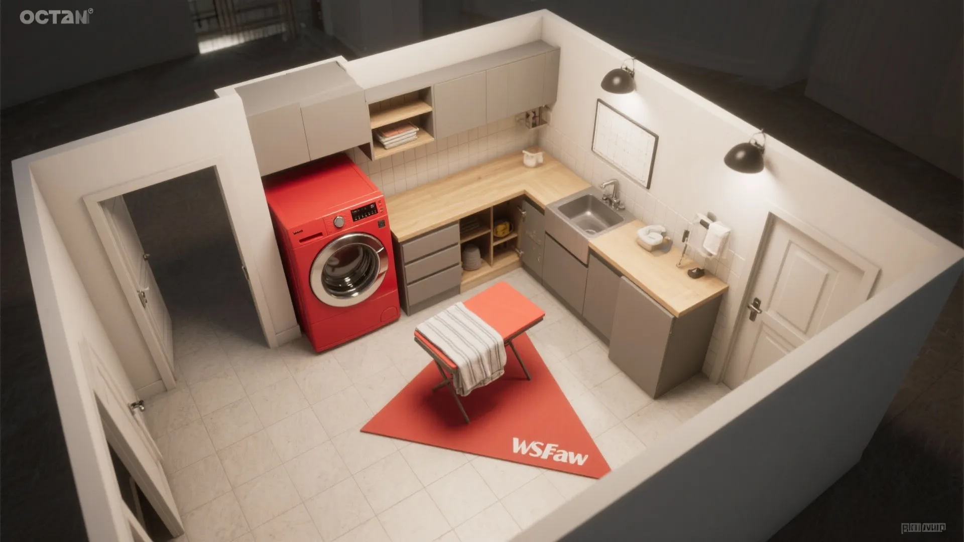 Top view of a laundry room layout with red washing machine grey cabinets and wooden countertop