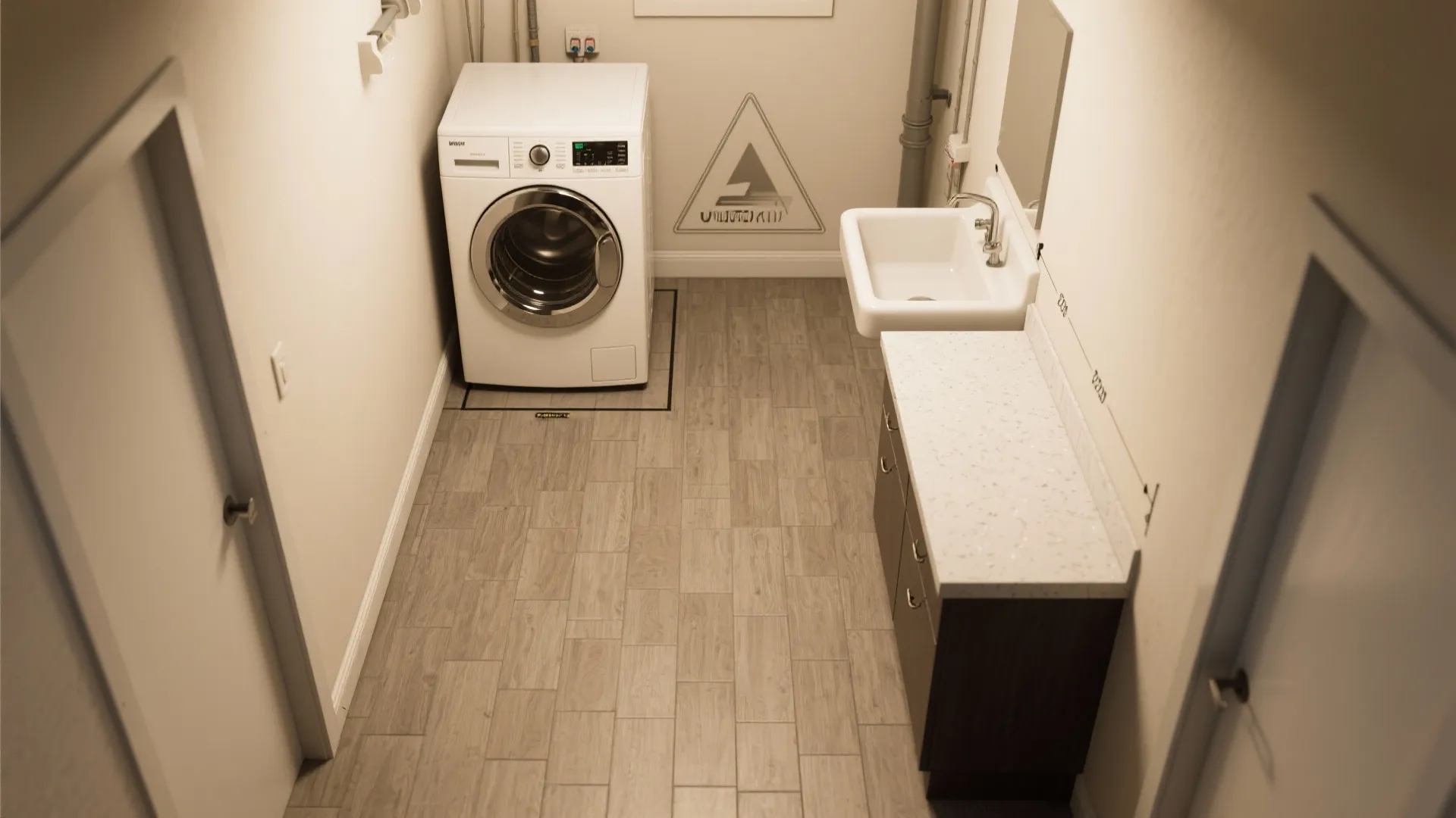 Small laundry room interior with white washing machine white sink wooden floor and brown cabinet