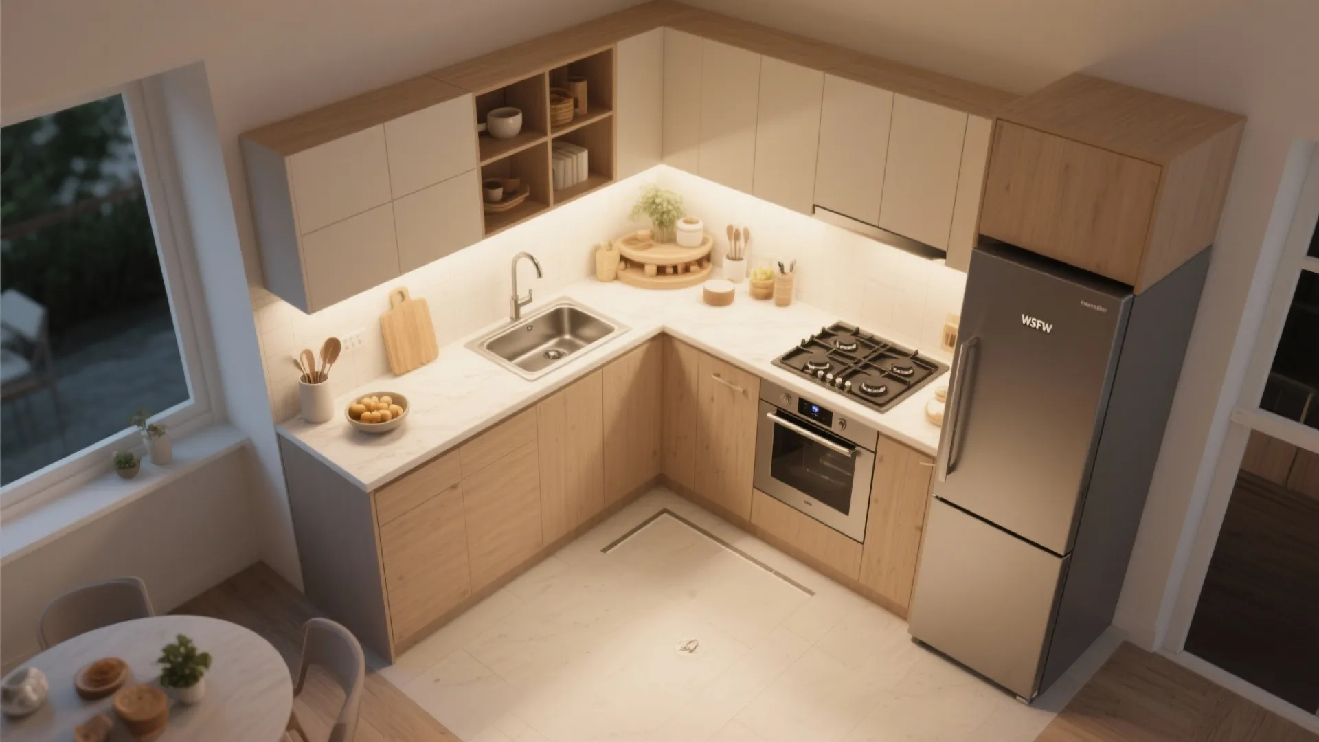 Modern L-shaped kitchen with wooden cabinets white countertops stainless steel sink gas stove and large refrigerator