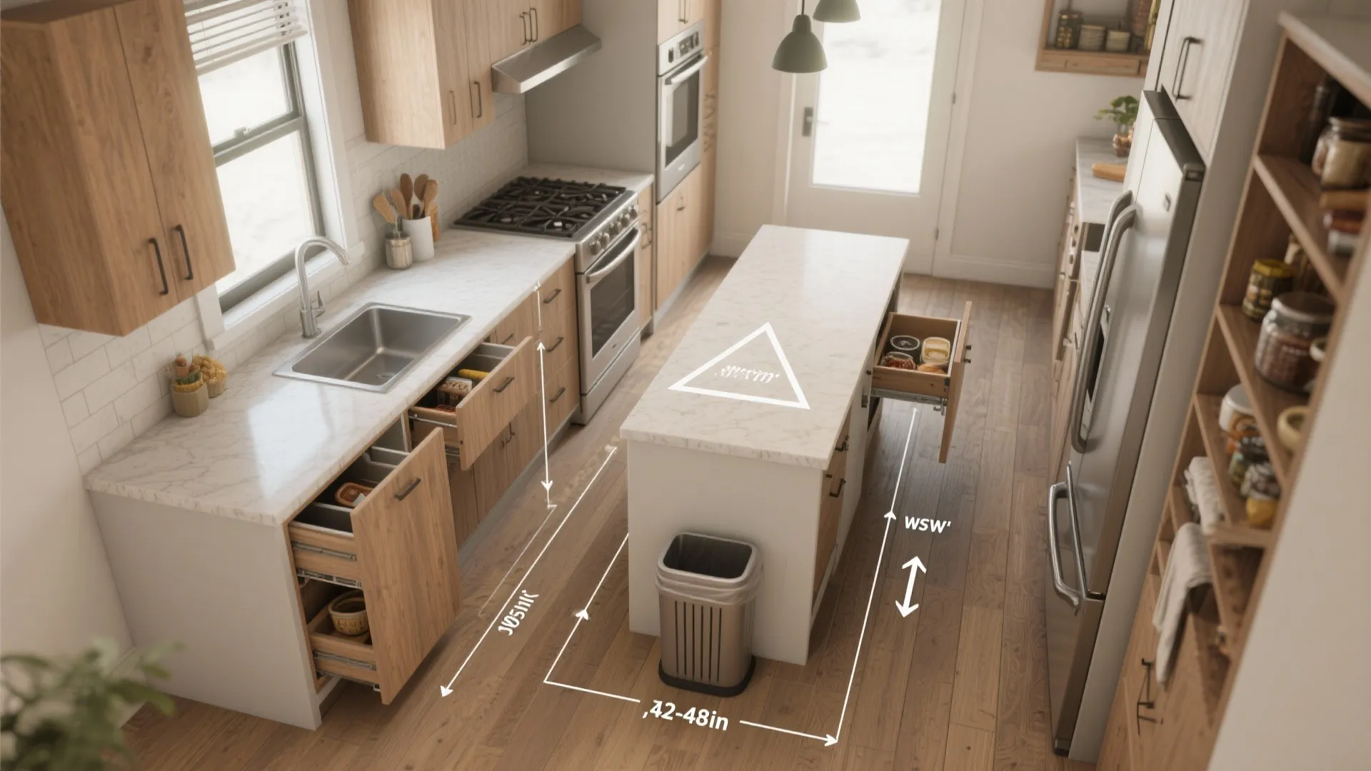 Top-down view of a galley kitchen layout showing stove, sink, fridge and pullout storage optimizing the work triangle.