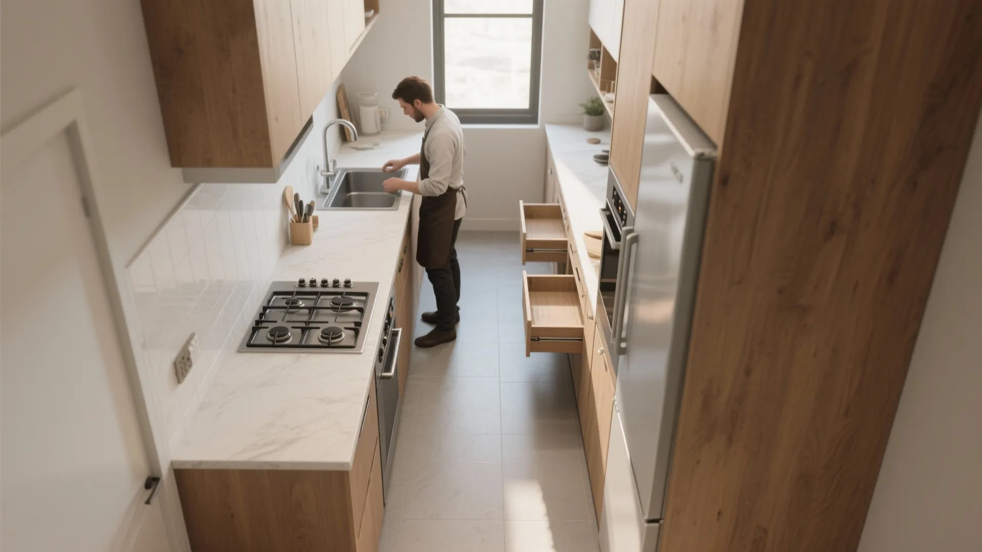 Top-down view of a galley kitchen showing stove, sink and fridge aligned for an efficient work flow.