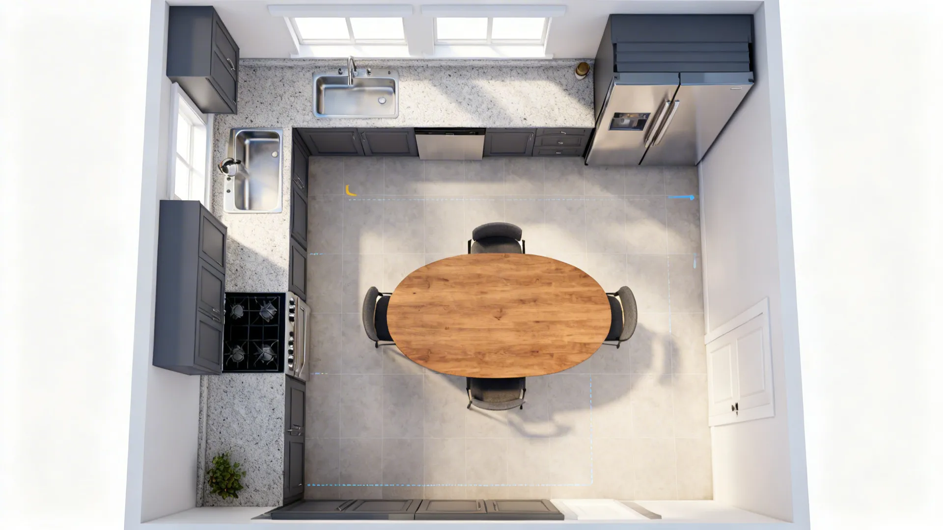 Top-down L-shaped kitchen layout highlighting work triangle and 36-inch clear aisles around an oval table.