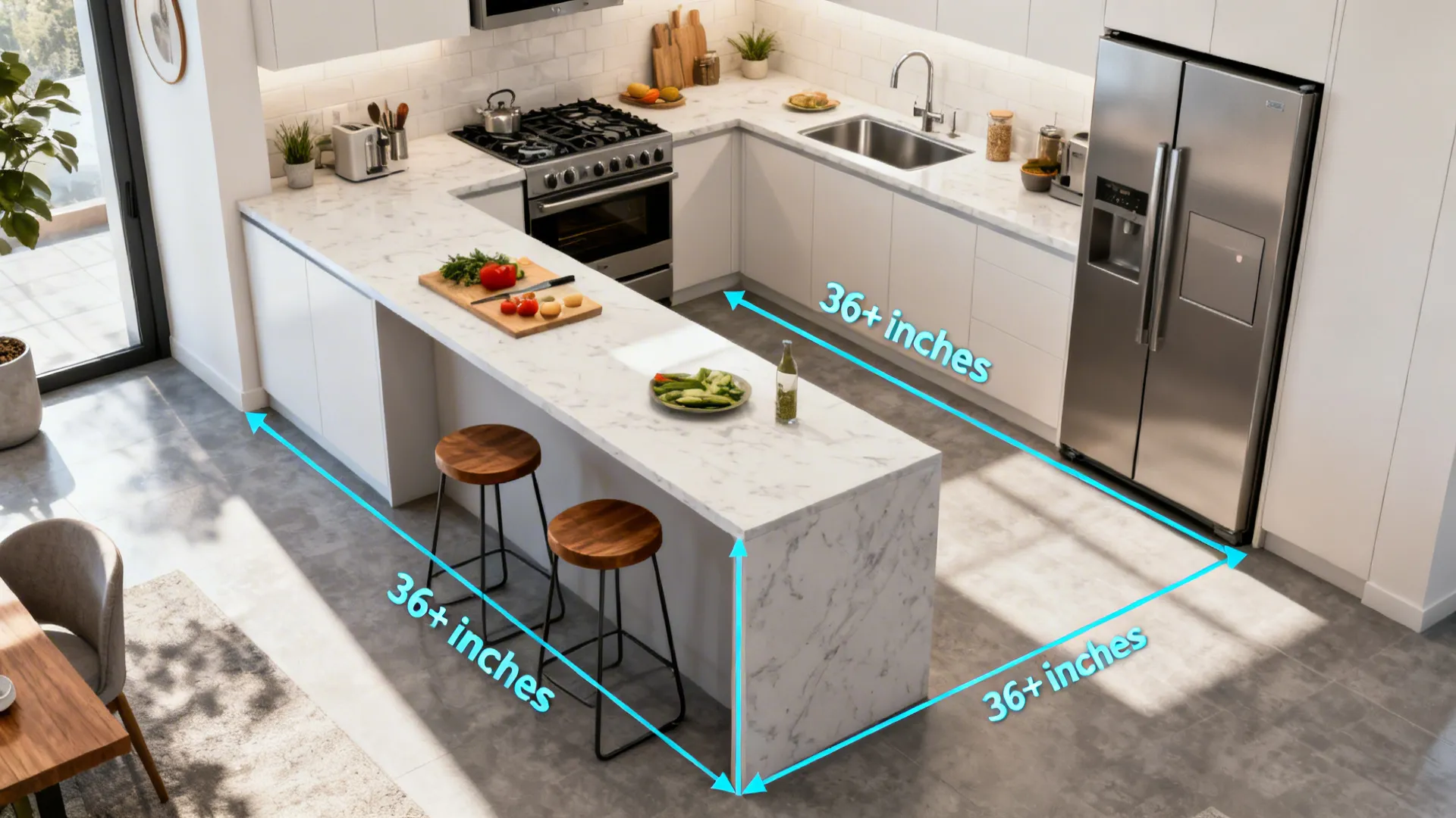 Modern kitchen with marble island, stainless steel fridge, wooden stools, and blue clearance dimension markings