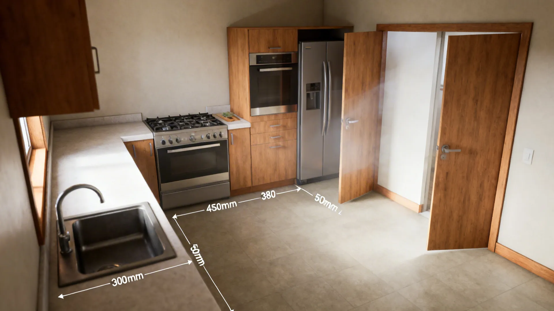 4) Work triangle, heat-safe adjacencies, and landing zones