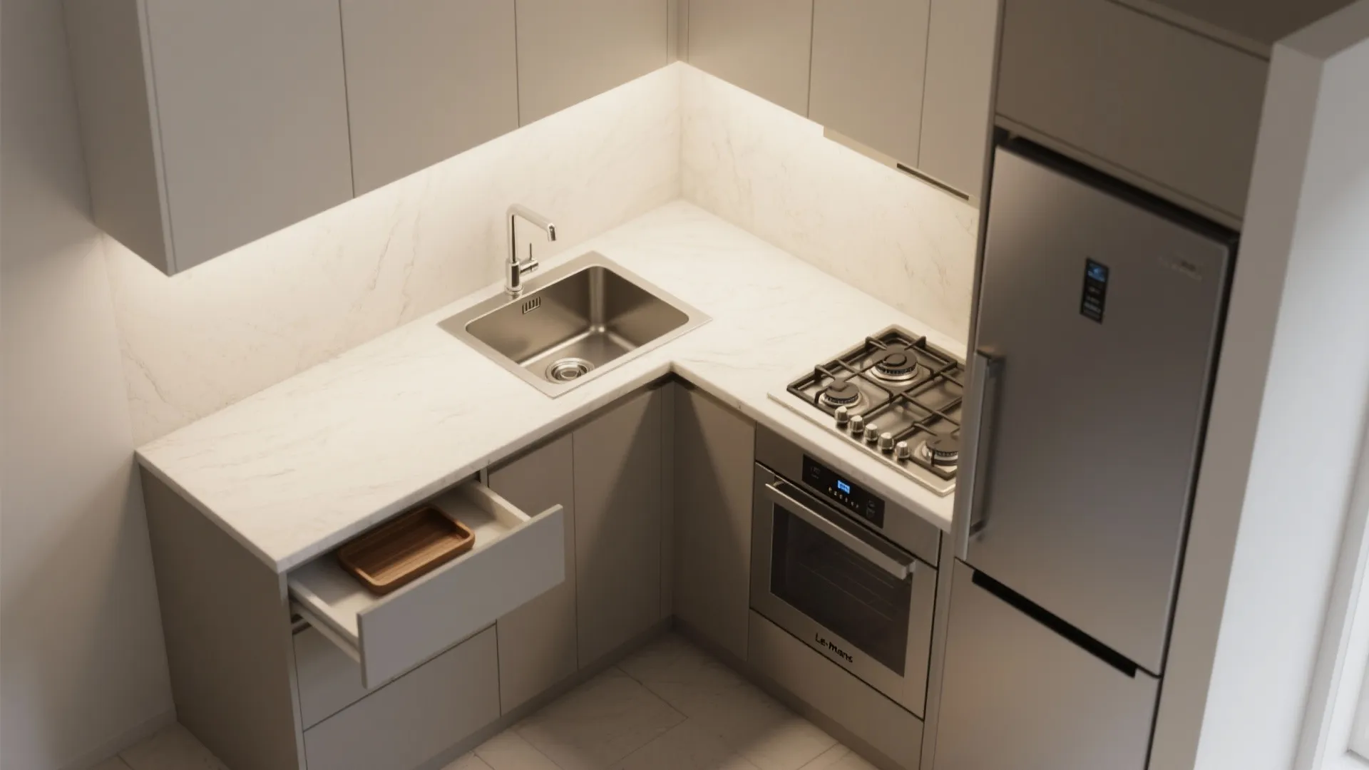 L-shaped kitchen for a 1 BHK