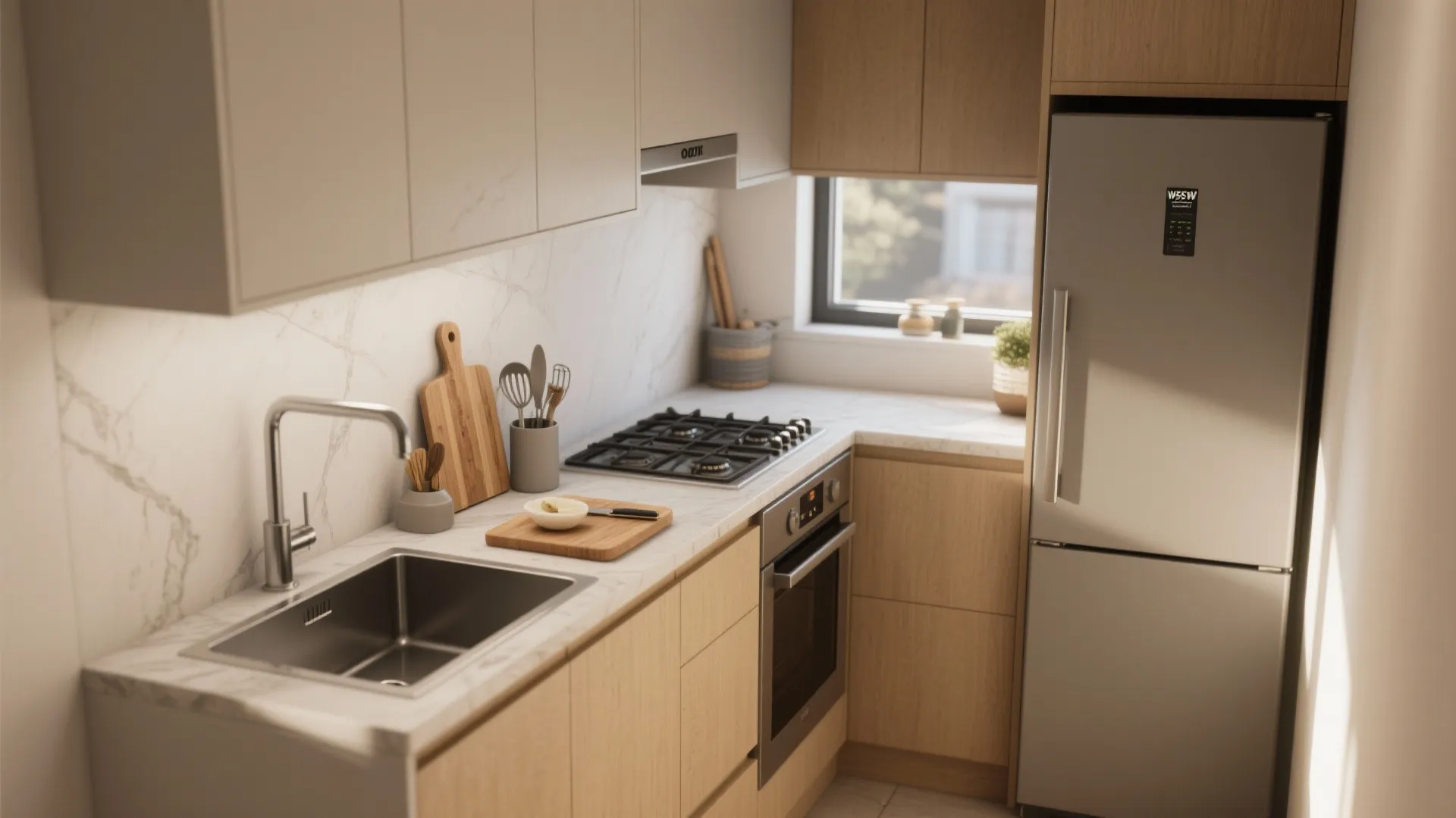 Modern kitchen with wood cabinets white marble countertop stainless steel sink and a silver fridge