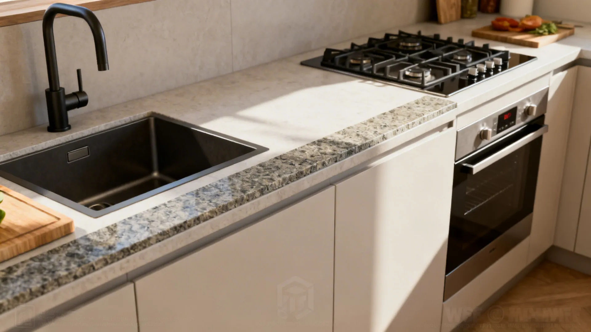 Small kitchen highlighting a replaced work-triangle strip in premium stone