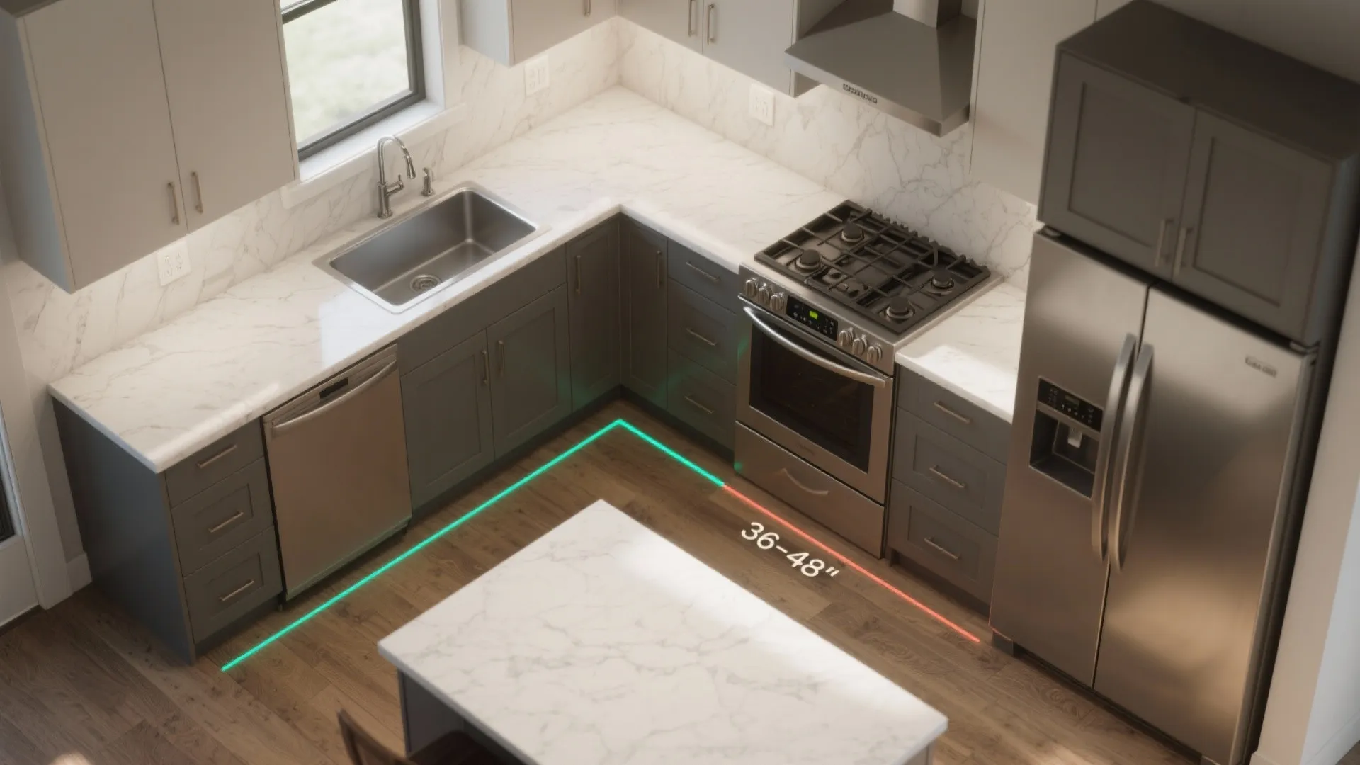 Modern kitchen interior design drawing showing clearance distance between marble island and grey base cabinets