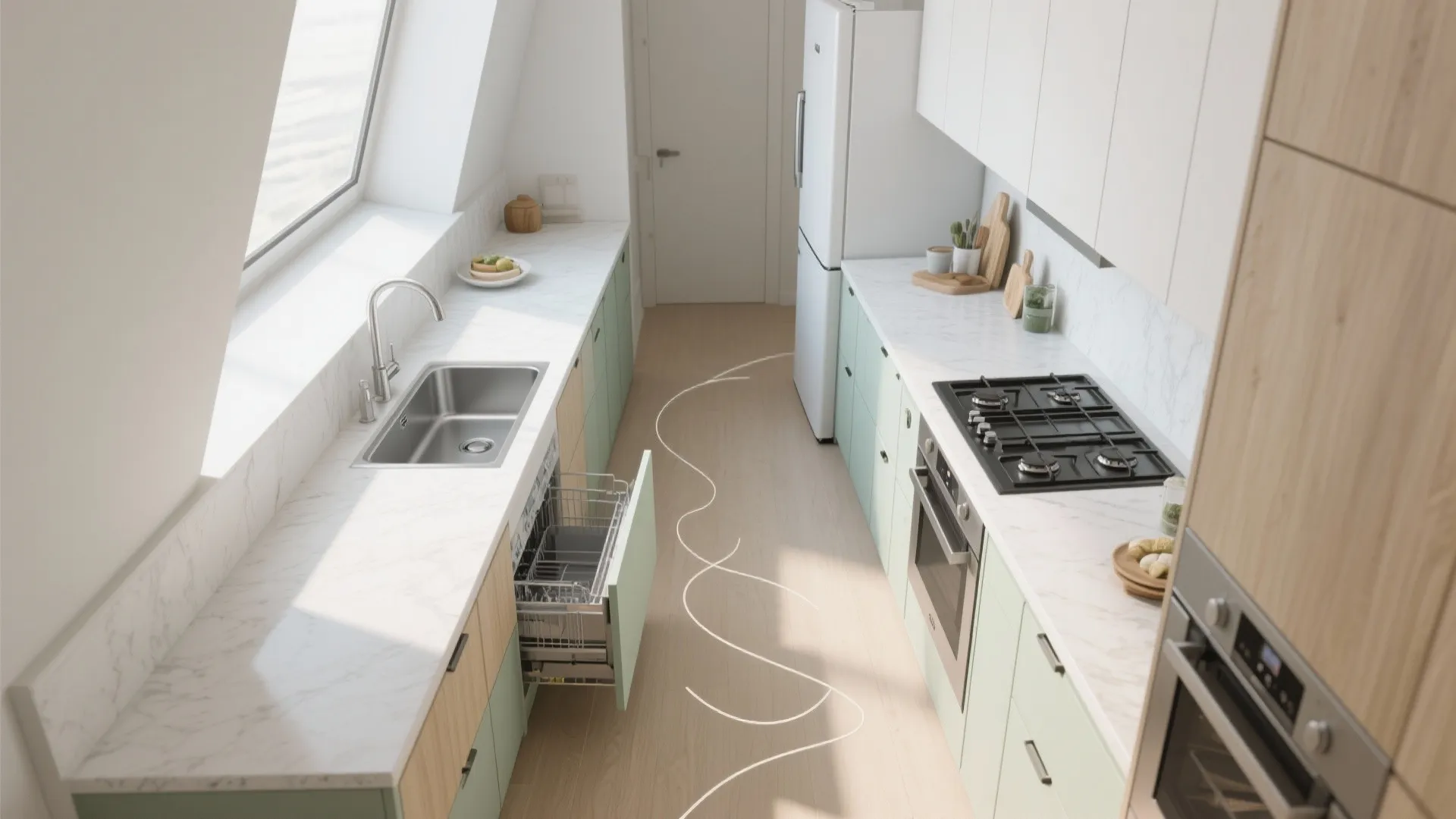 Top view of a narrow kitchen layout with sink stove fridge and white marble counters