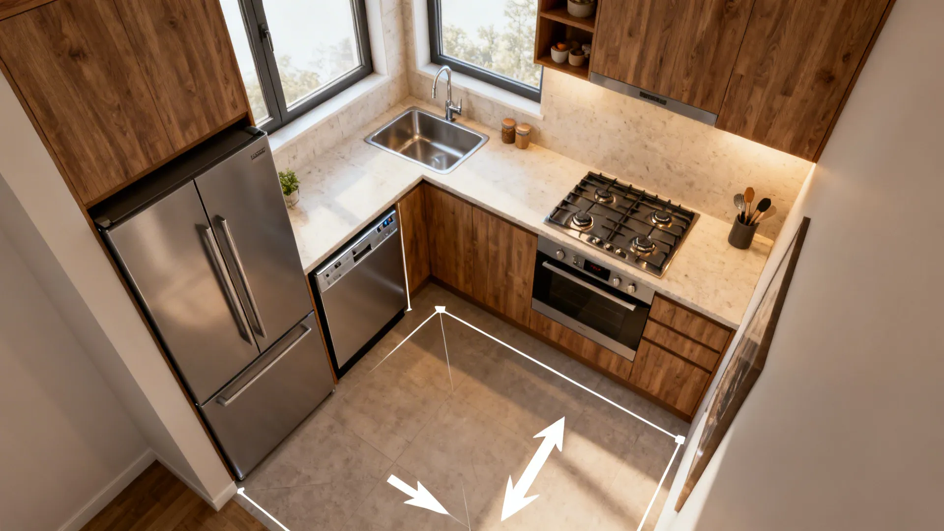Top-down compact kitchen with southeast hob, northeast sink, north fridge forming a tight triangle.