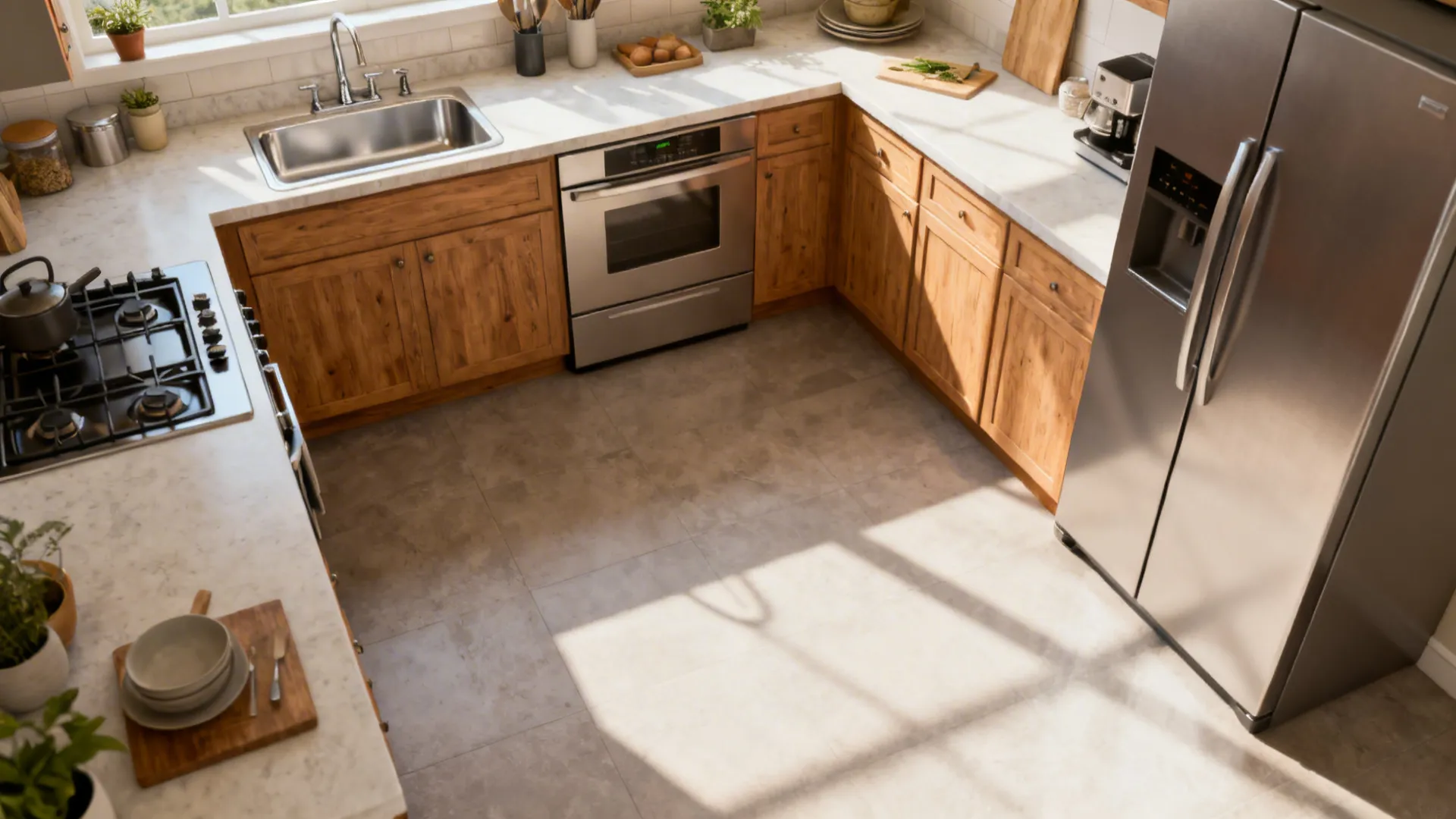 High angle kitchen layout with wooden cabinets white countertops stainless steel fridge oven and gas stove