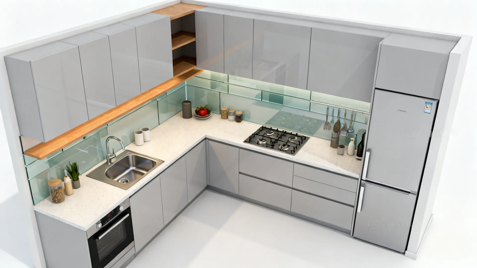 Top-down view of a compact L-shaped kitchen showing a compressed work triangle with a corner sink.
