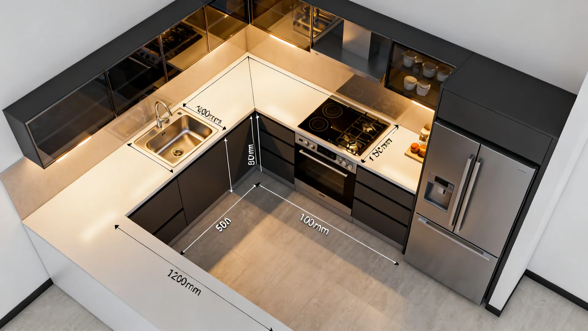 Top-down view of compact L-shaped and galley kitchen layouts with clear work triangle.