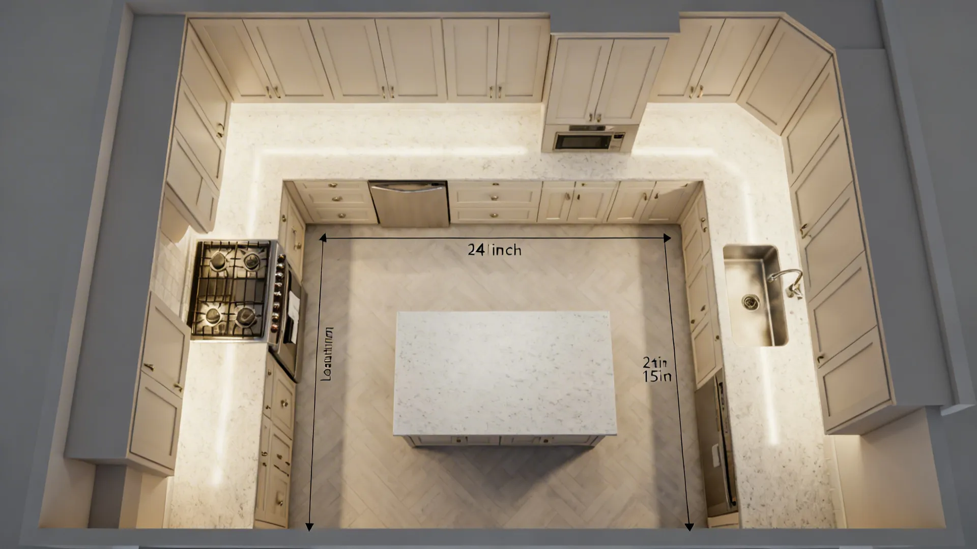 Top-down plan showing appliance-free island and optimized work triangle in an L-shaped kitchen.
