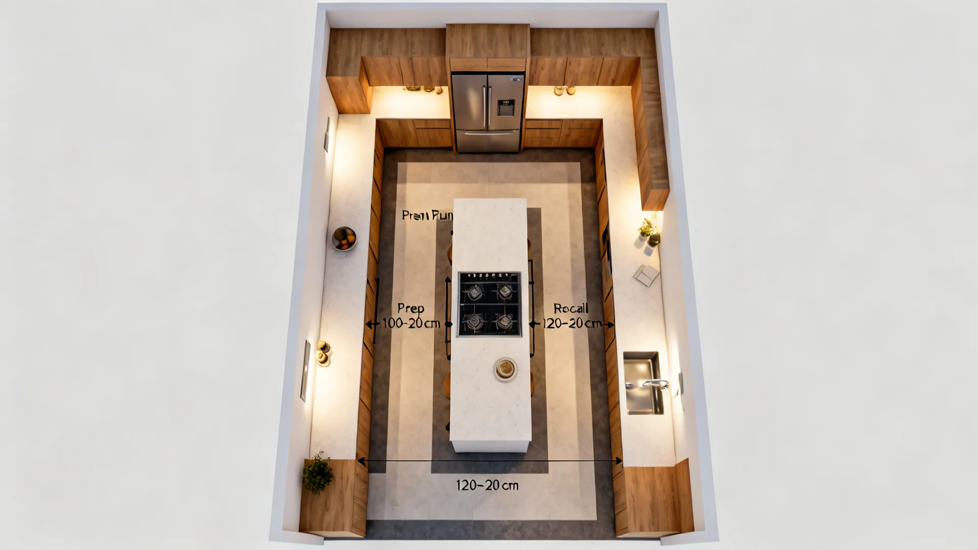 Top-down view of a double-run galley layout with compact work triangle and two aisles.