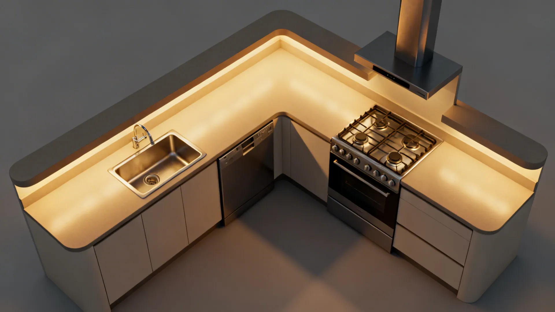 Top-down L-shaped kitchen plan showing sink and dishwasher on the long leg and cooktop on the short leg.