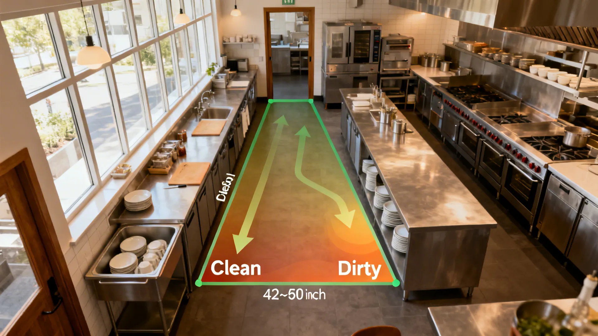Top-down layout showing prep, cook, and dish in a clear work triangle with safe paths.
