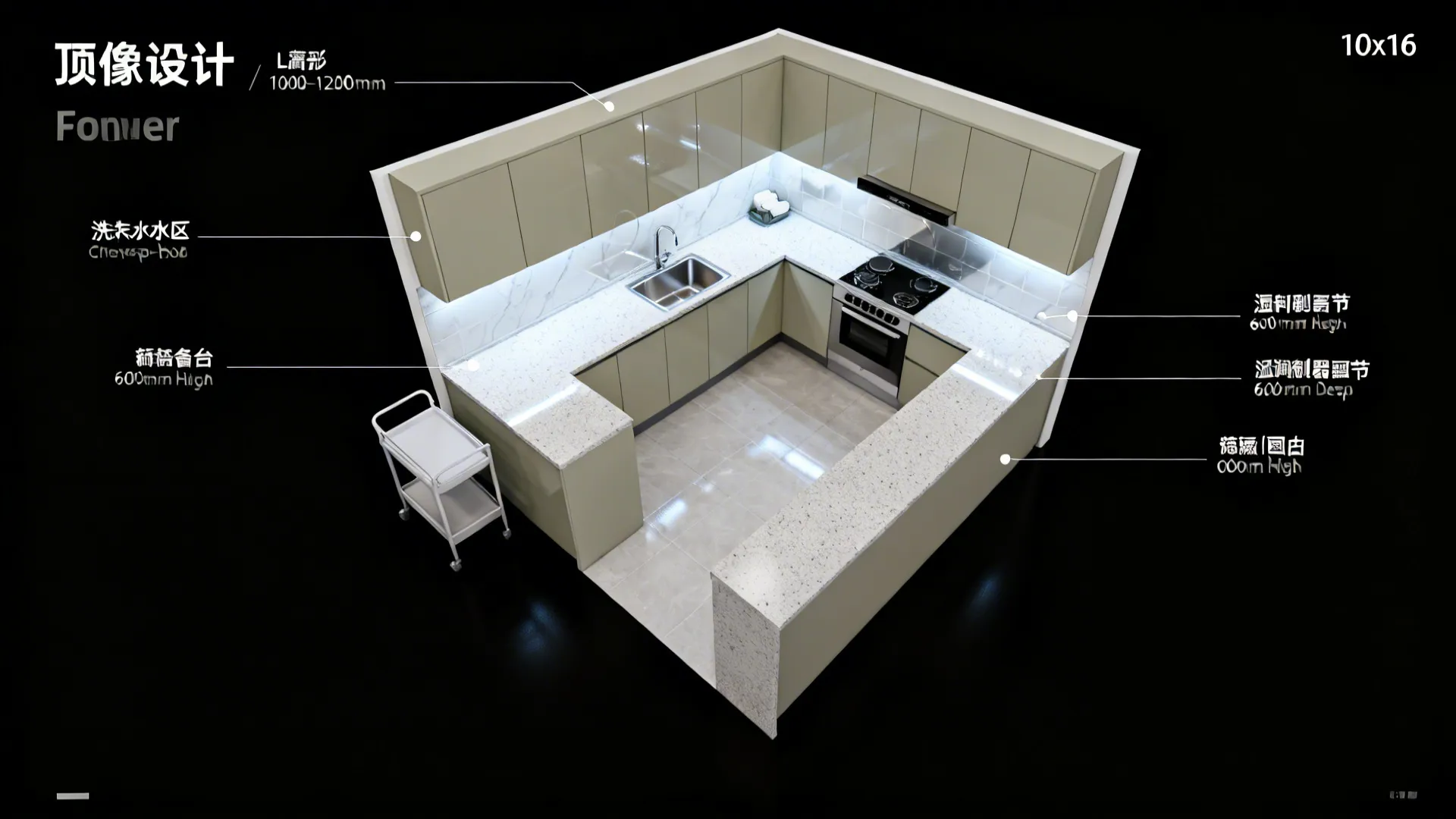 Top-down layouts comparing L-shape triangle and parallel galley with clear zones and aisle widths.