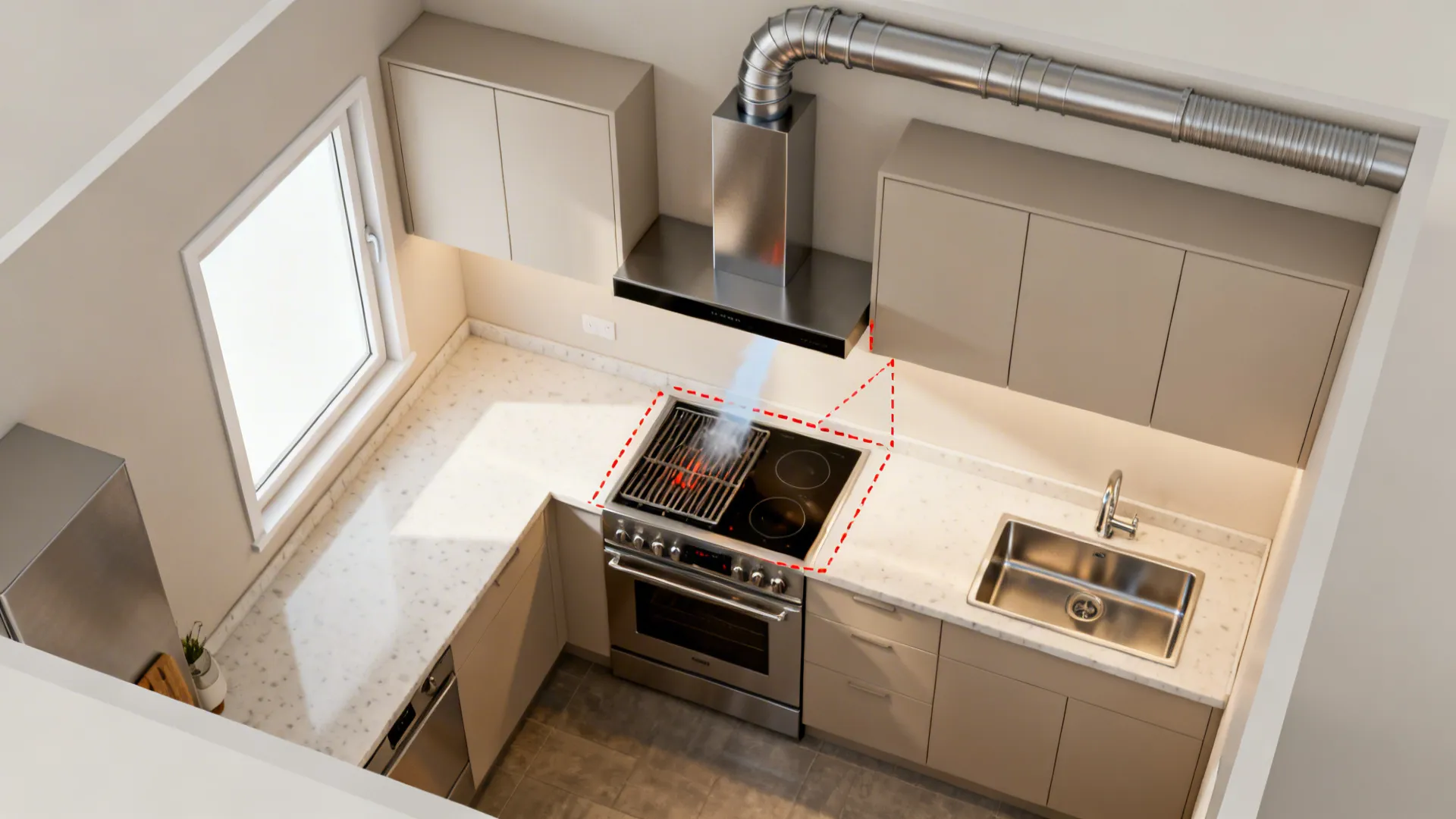 Top-down view of a small L-shaped kitchen showing grill, sink, and prep zones with airflow path.