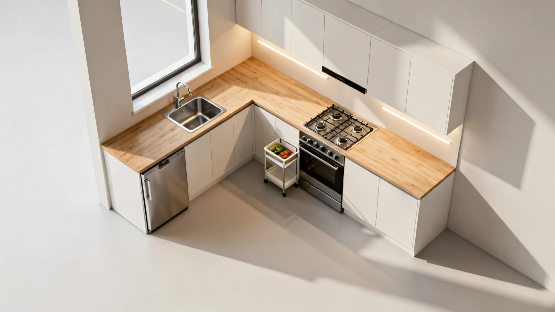 Interior design drawing of an L-shaped kitchen featuring white cabinets wood countertops sink and stove