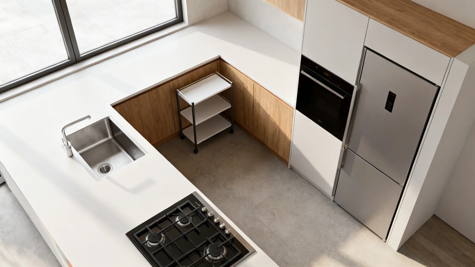 Top-down compact kitchen layout showing efficient sink, cooktop, and fridge placement.