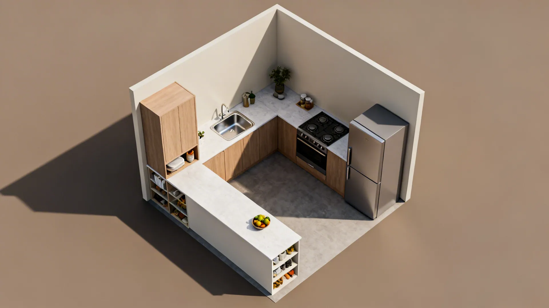 Top-down L-shaped kitchen showing a clear work triangle and continuous counters.