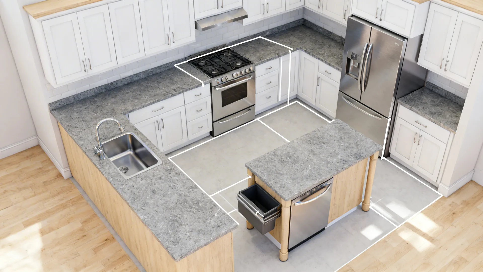 Top view showing sink, cooktop, and fridge linked by clear triangle lines with swing arcs.