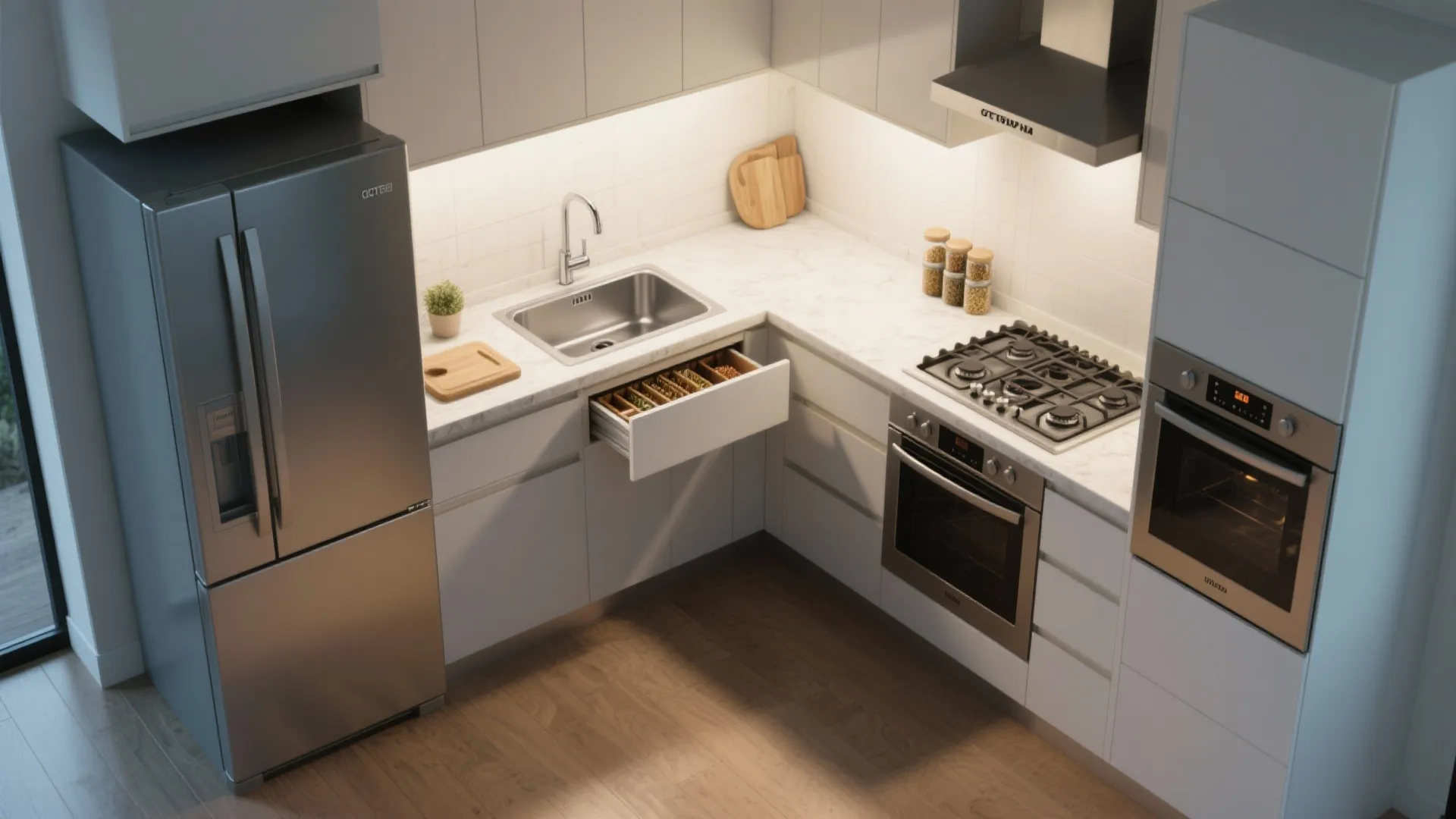 1. Create a continuous work triangle with layered zones