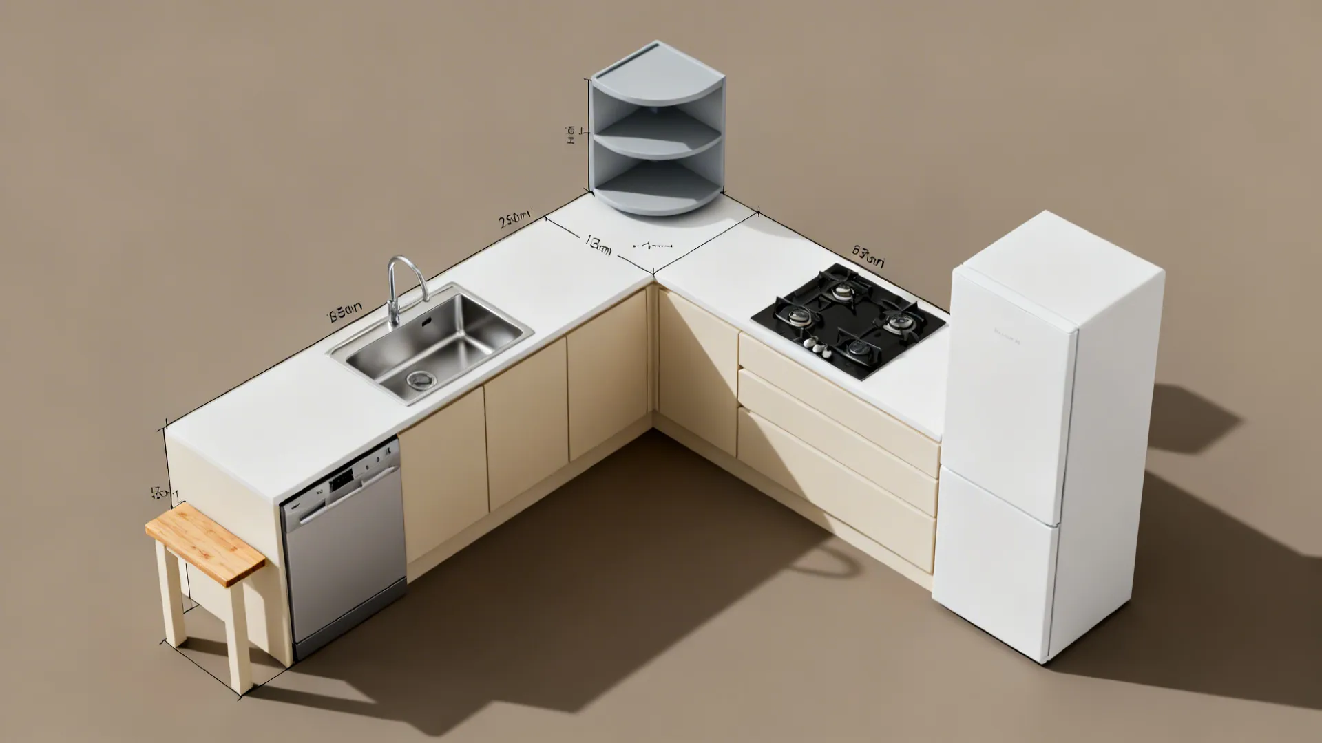 Top-down L-shaped kitchen plan showing a compact work triangle and corner carousel.
