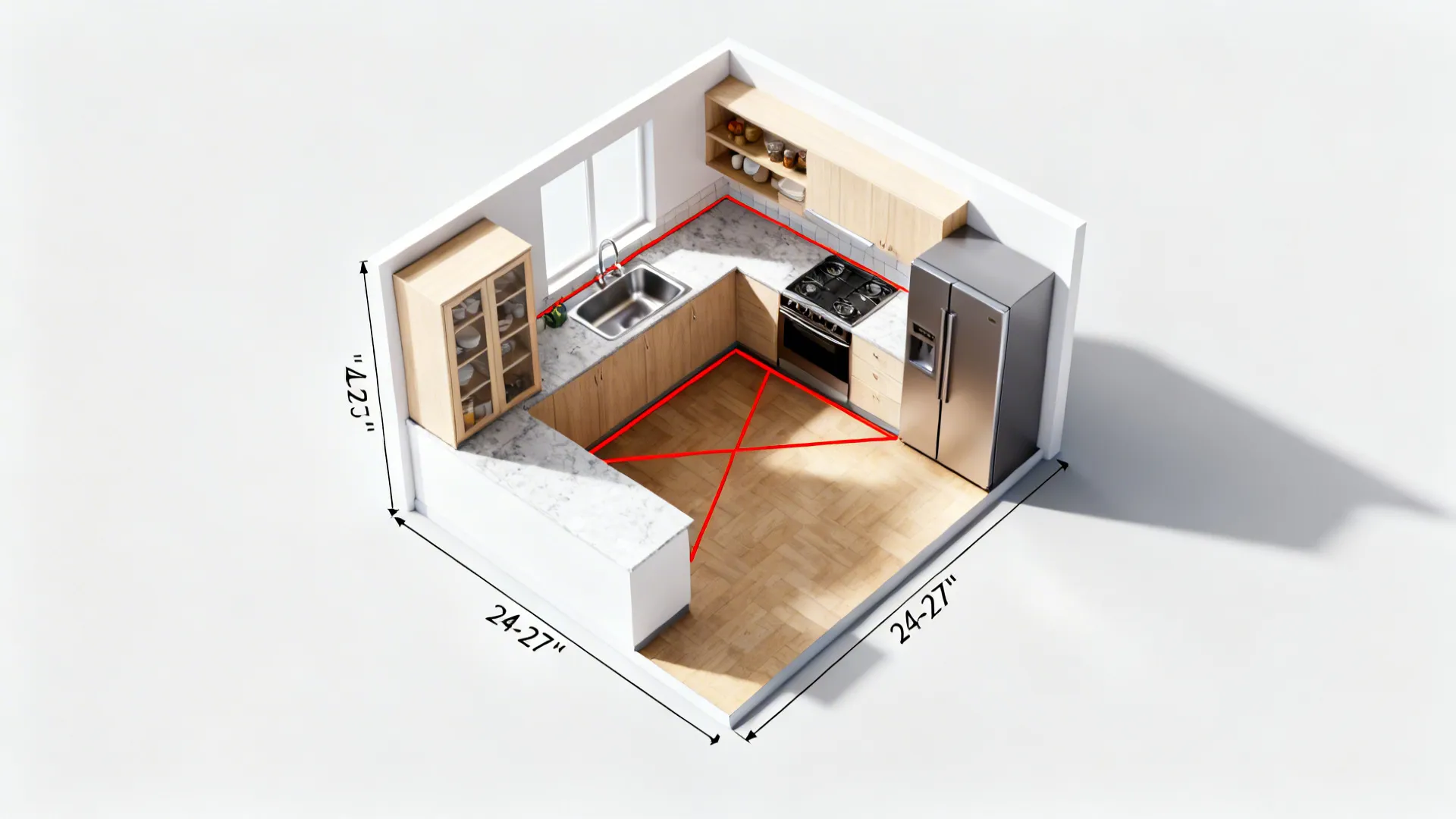 Top-down view of an L-shaped kitchen highlighting the work triangle.