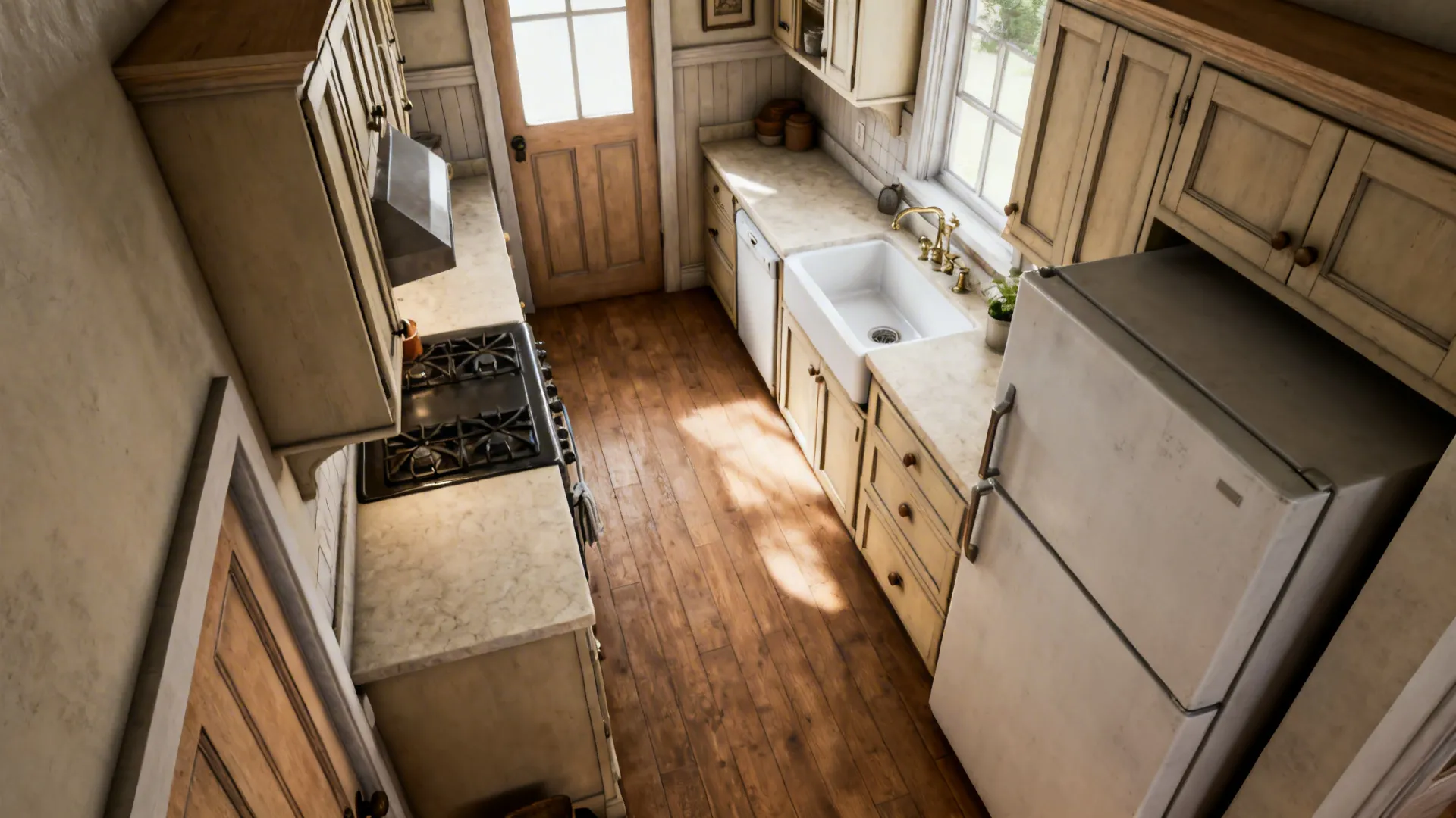 Top-down view of a small galley kitchen showing the classic work triangle with range, sink, and fridge.