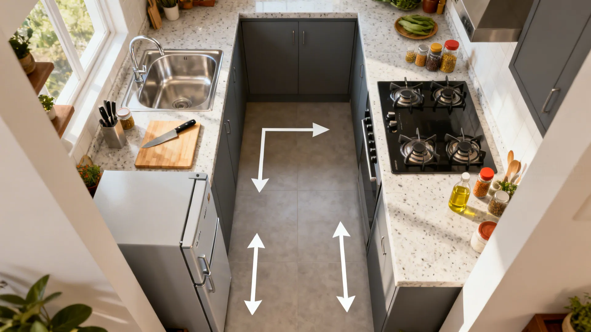 Top-down galley kitchen layout showing prep by the sink, spices at the hob, and a clear landing zone.