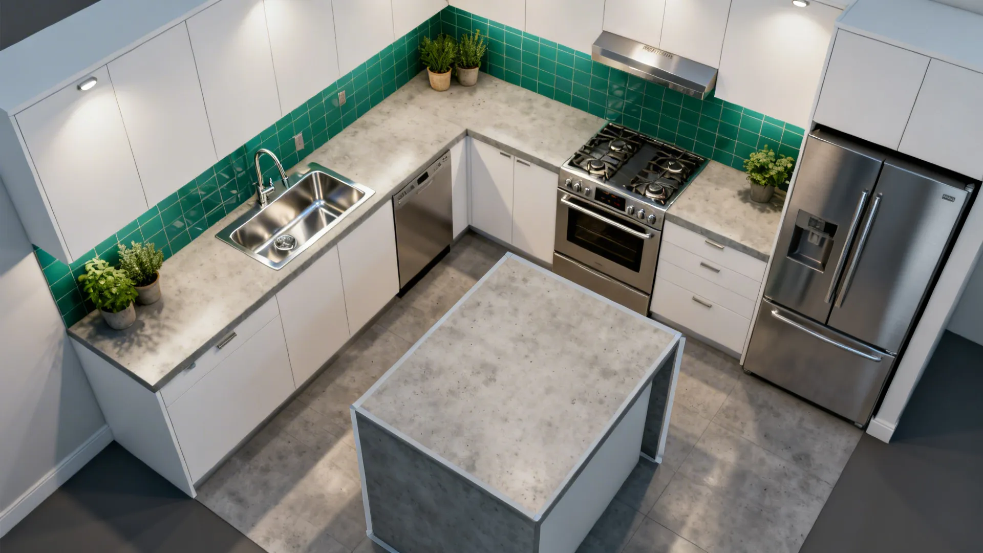 Top-down view of a compact kitchen layout showing an efficient work triangle and clearance zones.
