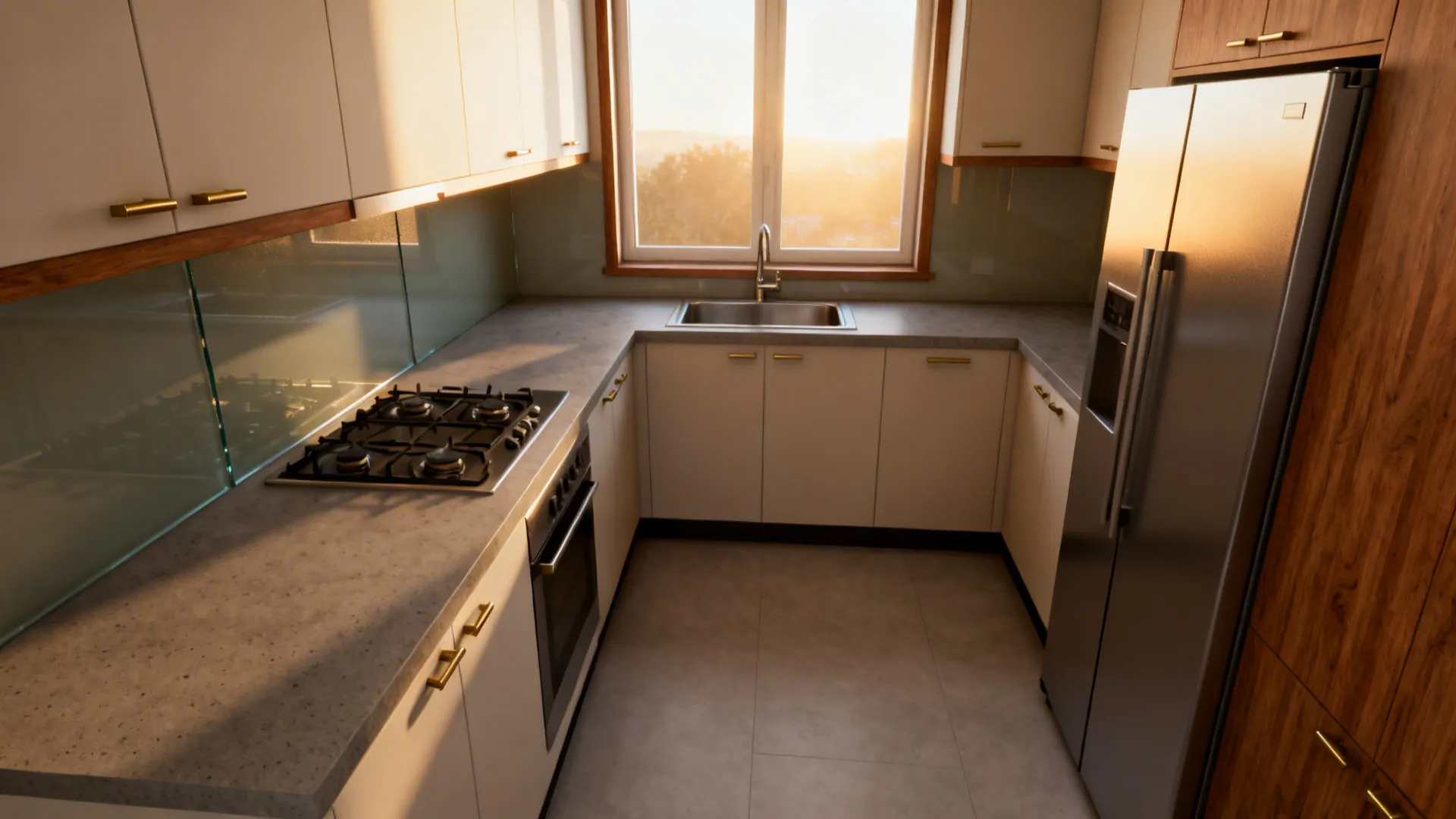 Small West-facing kitchen with an L-shaped layout showing cooktop, sink, and refrigerator forming a tight work triangle.