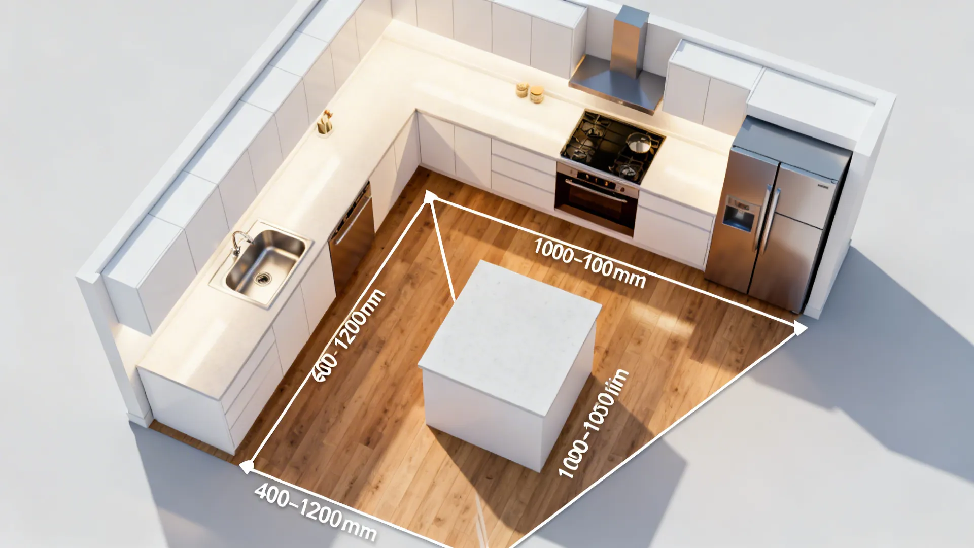 Top-down layouts showing compact work triangles in L-shape, galley, and island setups.