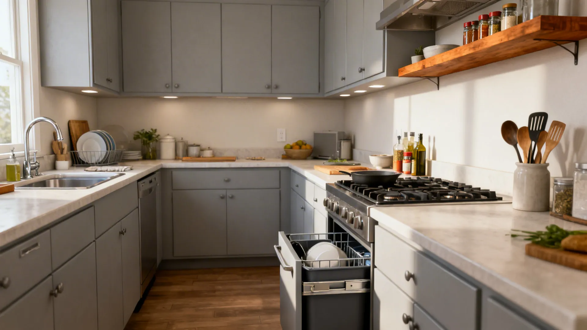 Eye-level view of an 11x8 kitchen organized into prep, cook, and clean zones.