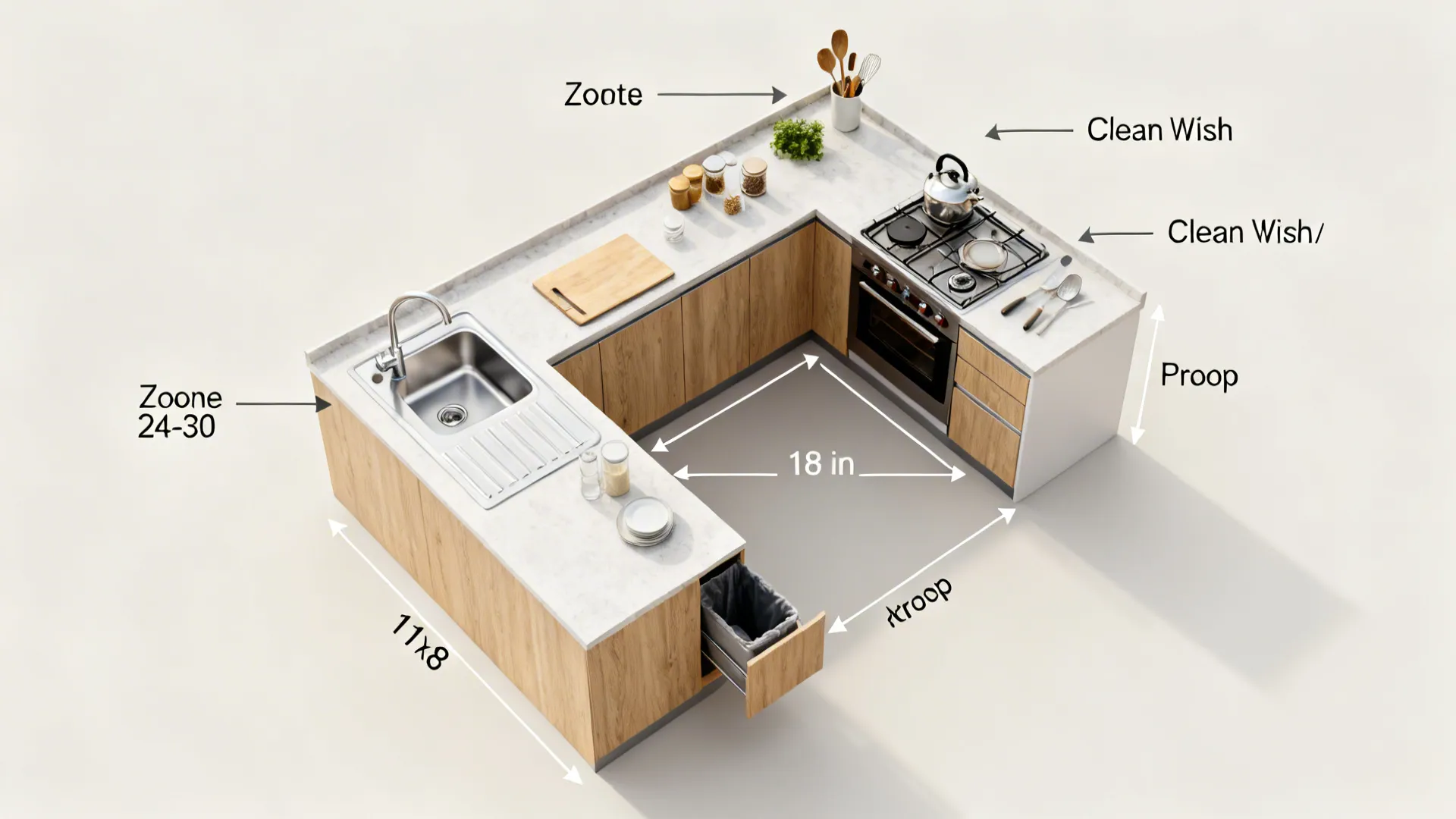 Top-down 11x8 kitchen showing prep, cook, and clean zones with clear flow.